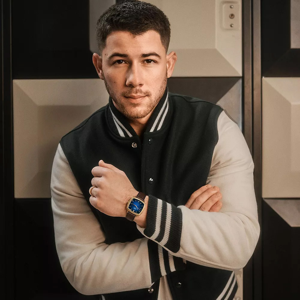 Nick Jonas 聯名系列 閃耀光芒藍色暈染三針手錶 棕色真皮 37 MM LE1215