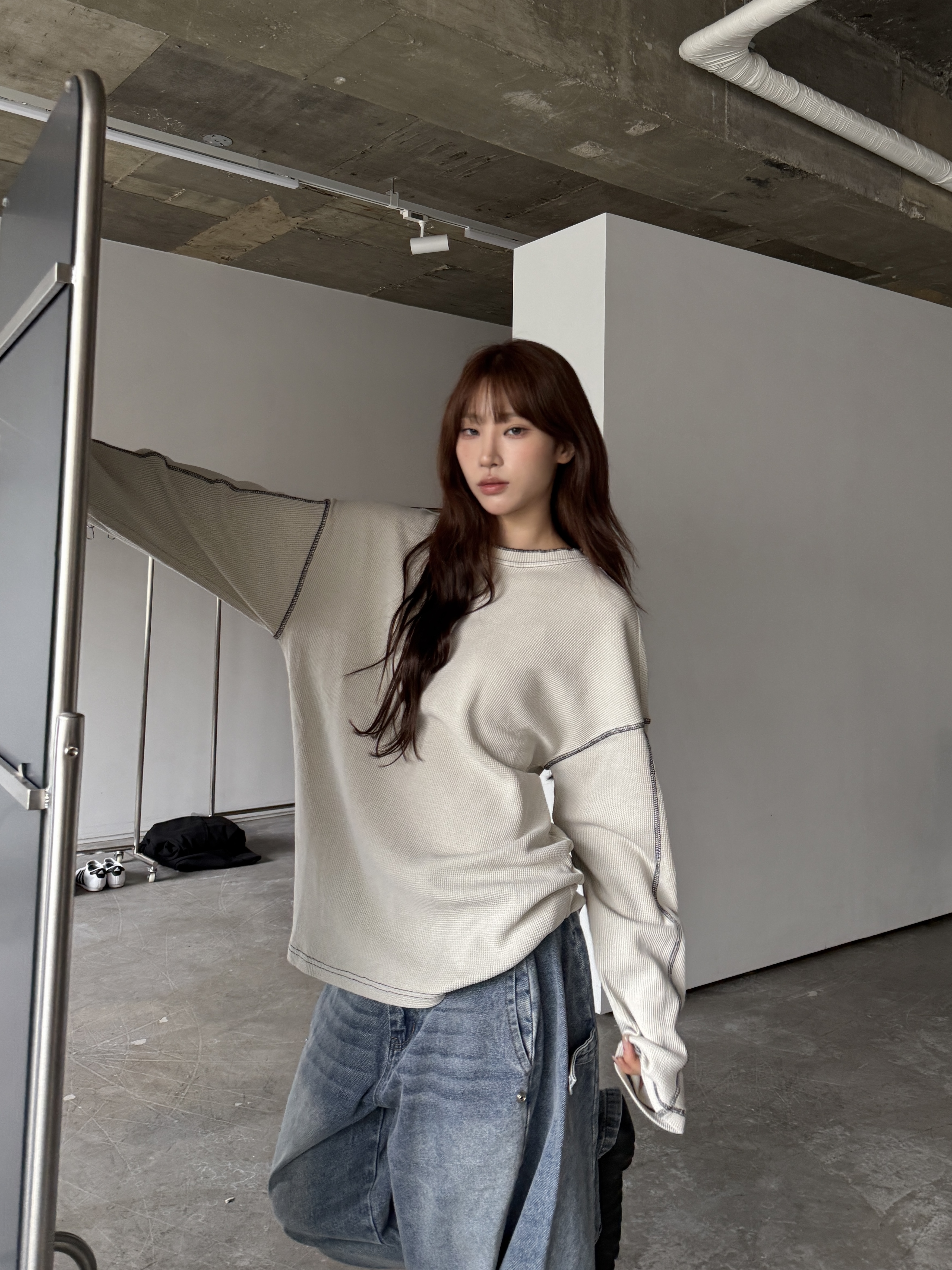 反車線 低調 素面 水洗 華夫格 寬鬆 長袖 上衣（部分現貨）