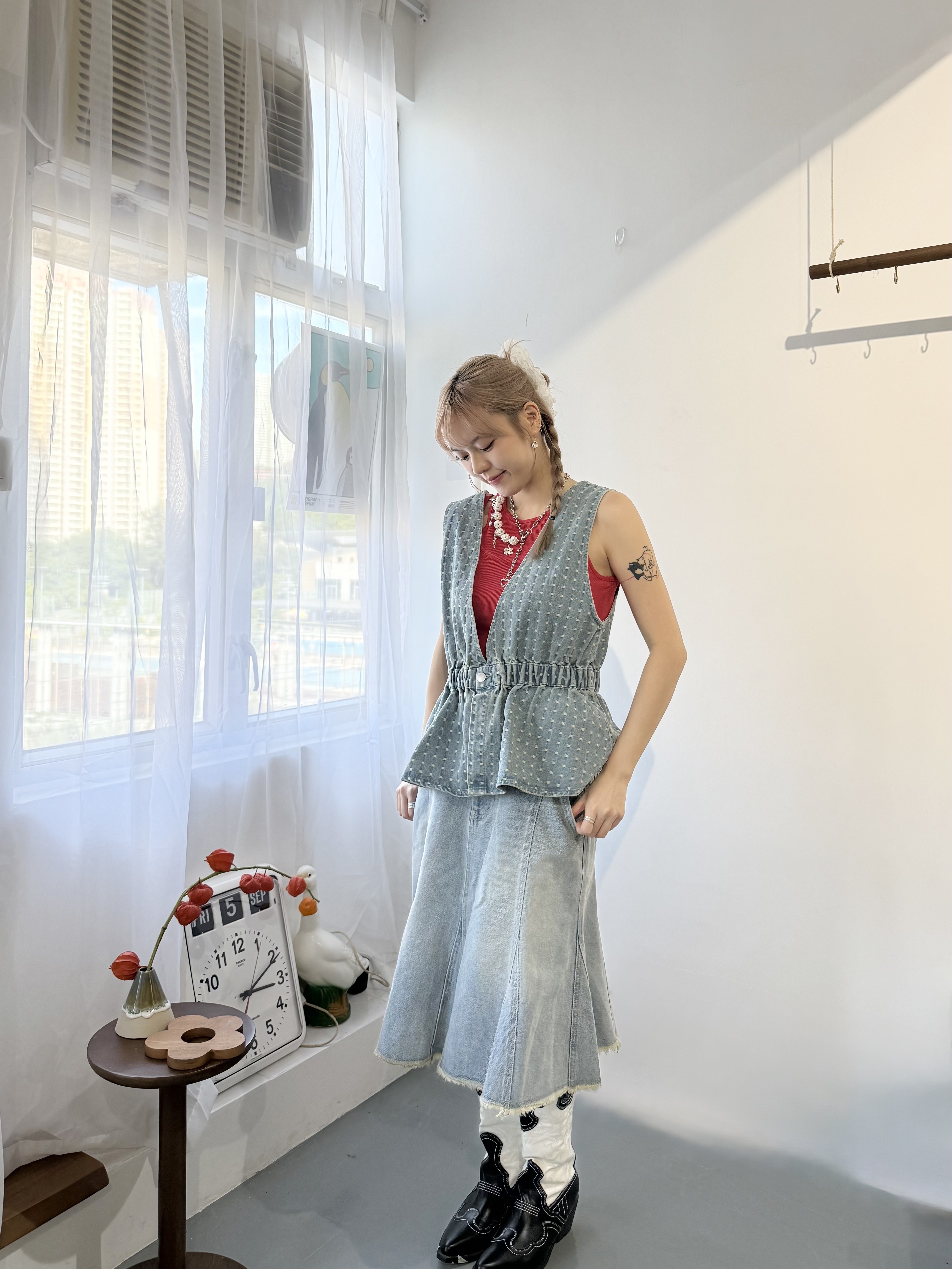 vinatge牛仔點點紋V背心