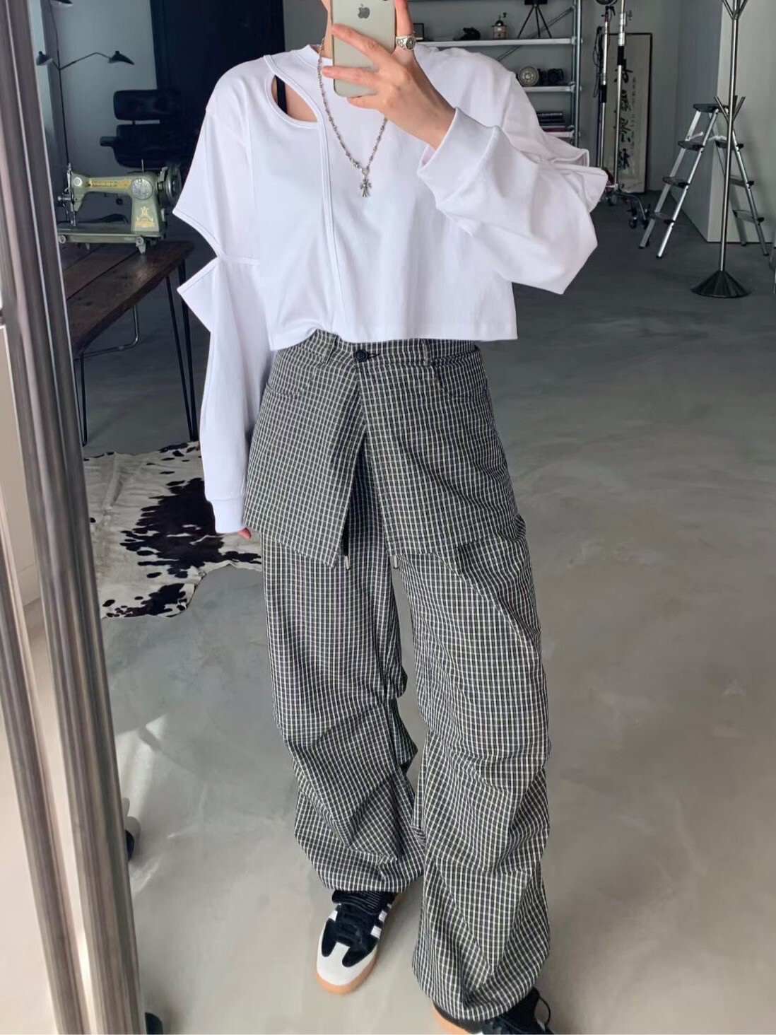 兩件式細格束腳工裝褲