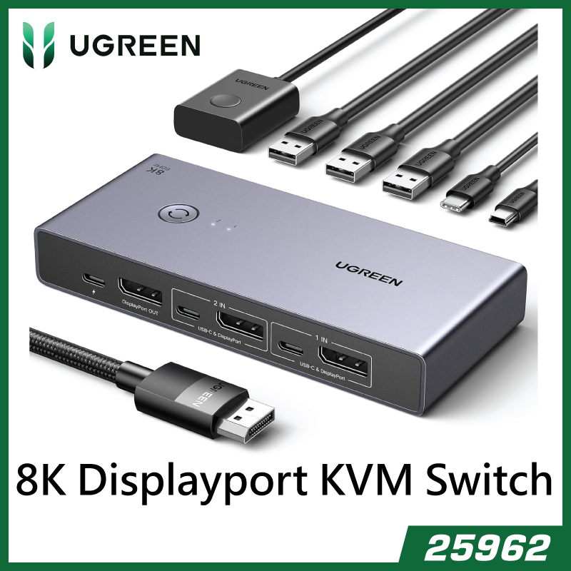 UGREEN - 8K Displayport KVM Switch 2 合 1 輸出 DP1.4 附 4 個 USB 3.0 連接埠(3 USB-A + 1 USB-C) - 25962-CM695