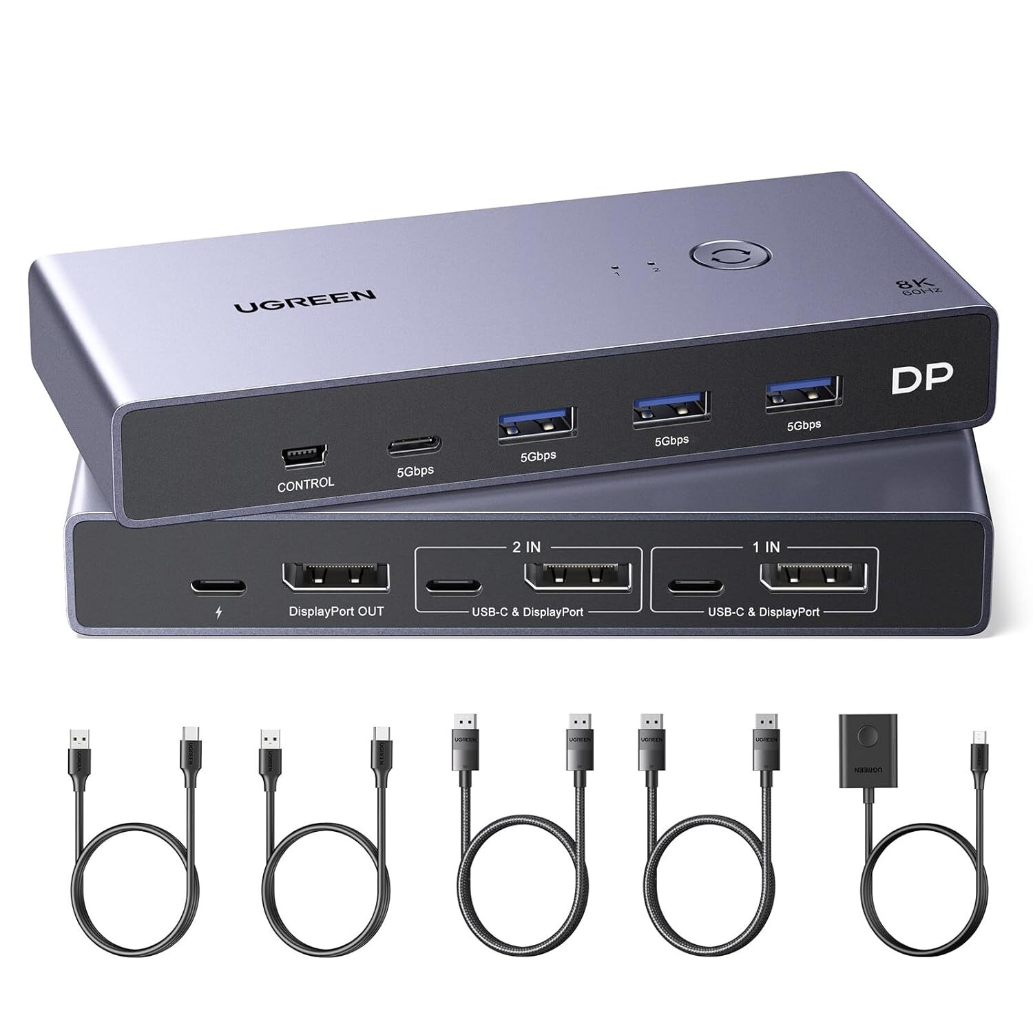 UGREEN - 8K Displayport KVM Switch 2 合 1 輸出 DP1.4 附 4 個 USB 3.0 連接埠(3 USB-A + 1 USB-C) - 25962-CM695
