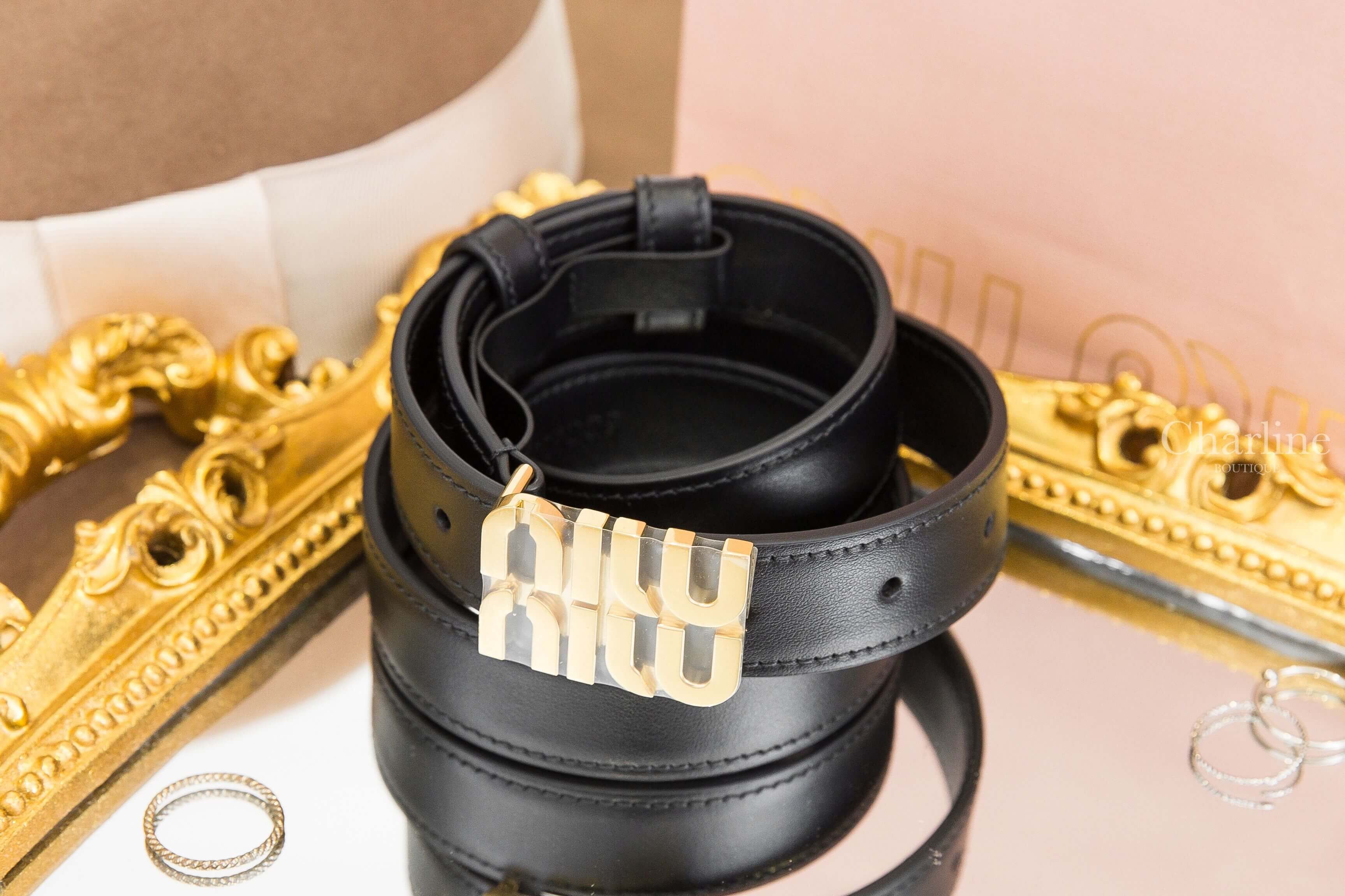 Miu Miu Leather Belt 黑色金色字母小牛皮2.5cm皮帶-Charline Boutique 精品代購