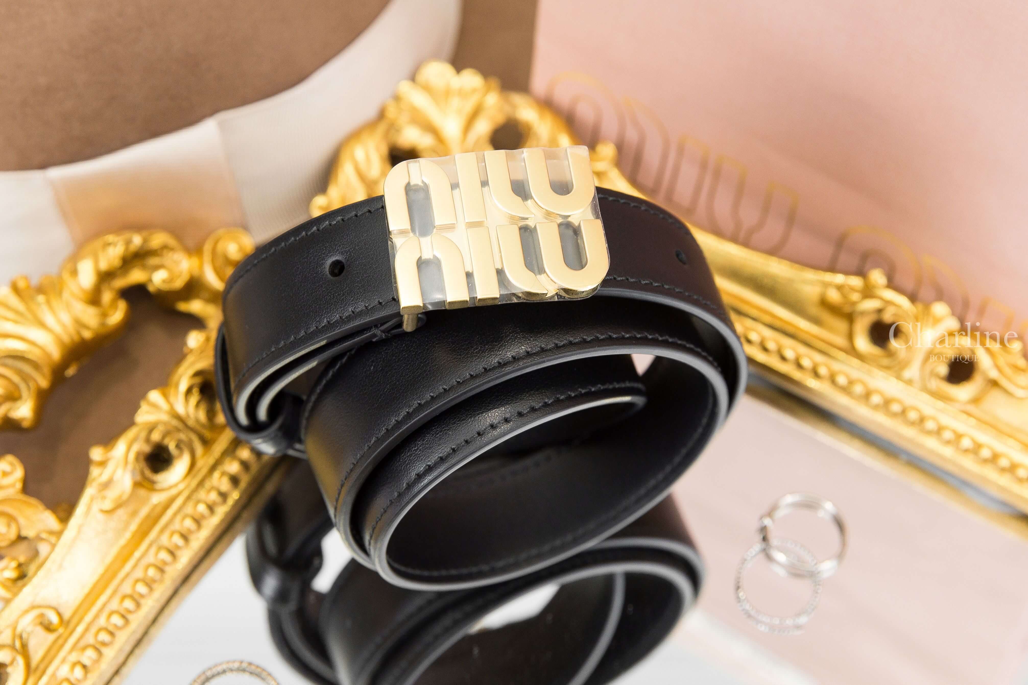 Miu Miu Leather Belt 黑色金色字母小牛皮2.5cm皮帶-Charline Boutique 精品代購