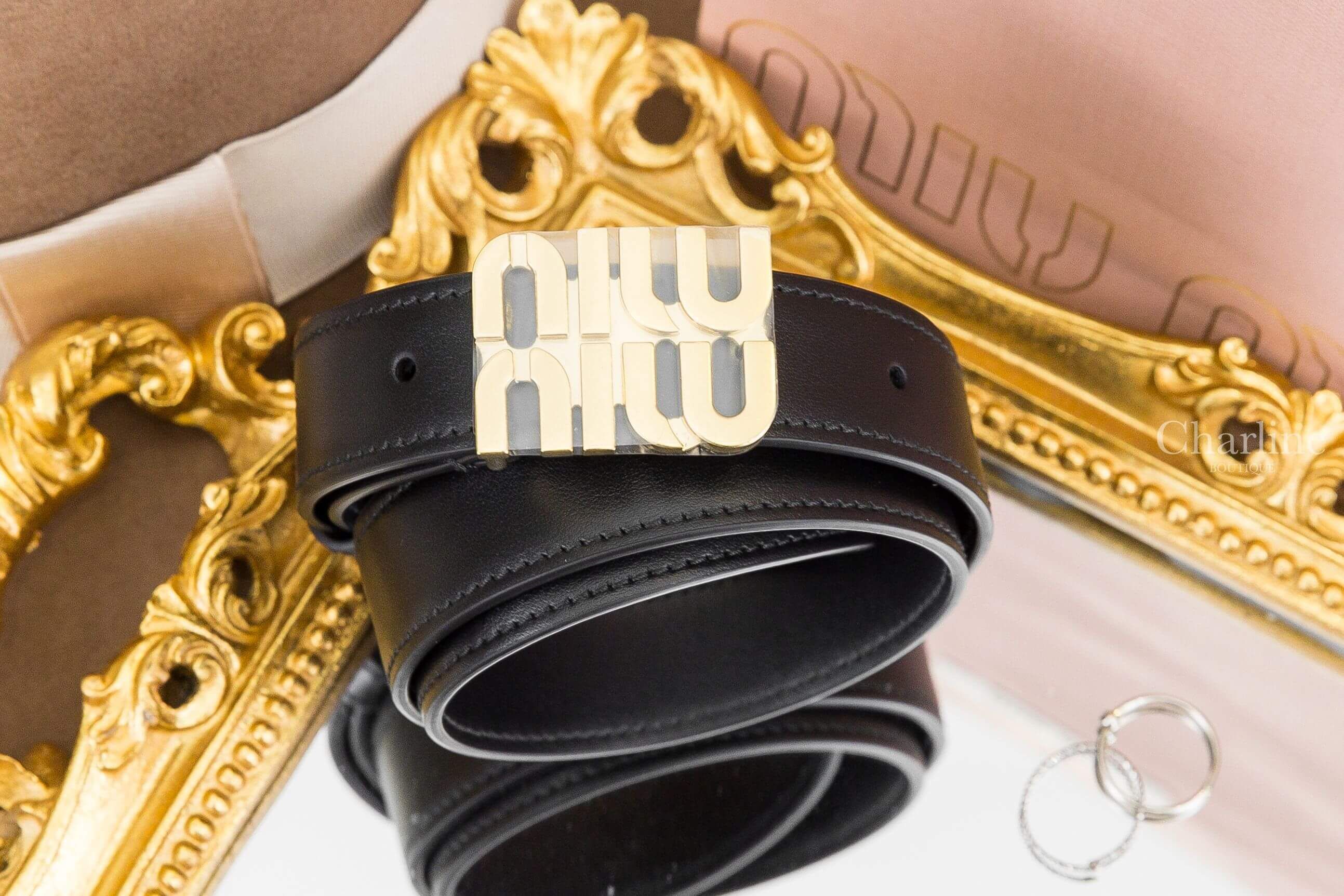Miu Miu Leather Belt 黑色金色字母小牛皮2.5cm皮帶
