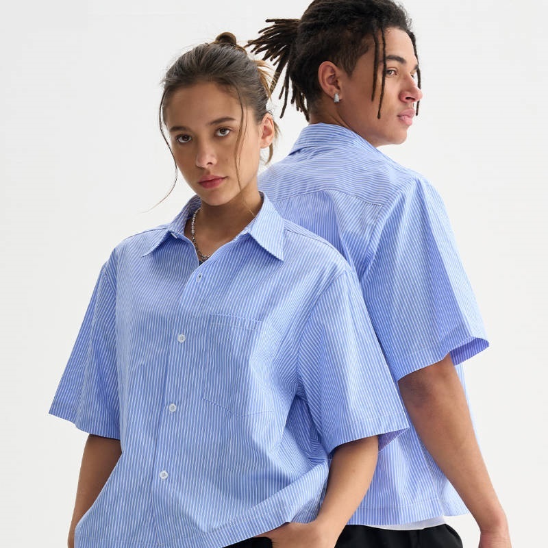 (現貨不用等!) 歐美潮流最新寬短條紋夏季短袖襯衫