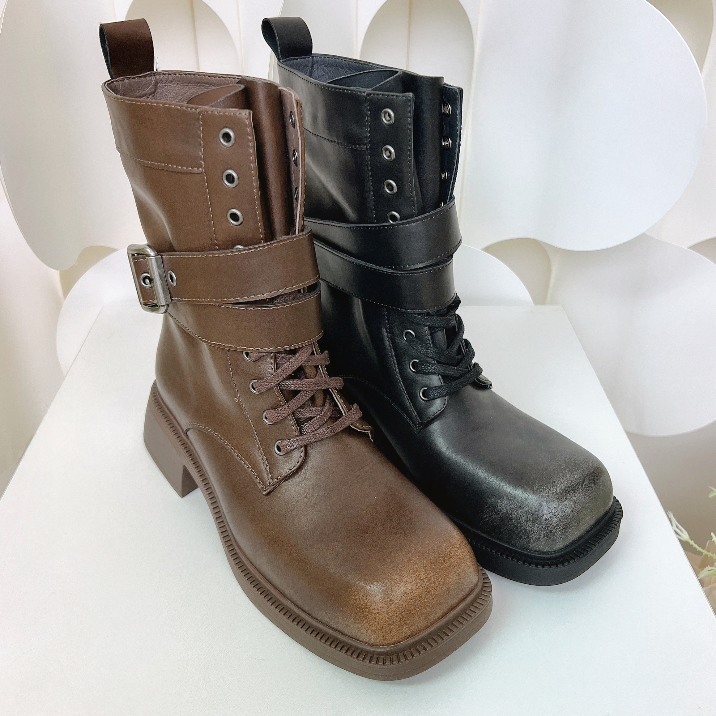 牛皮綁帶短靴(正常碼35-40)(後高約2")K628-3 #2701