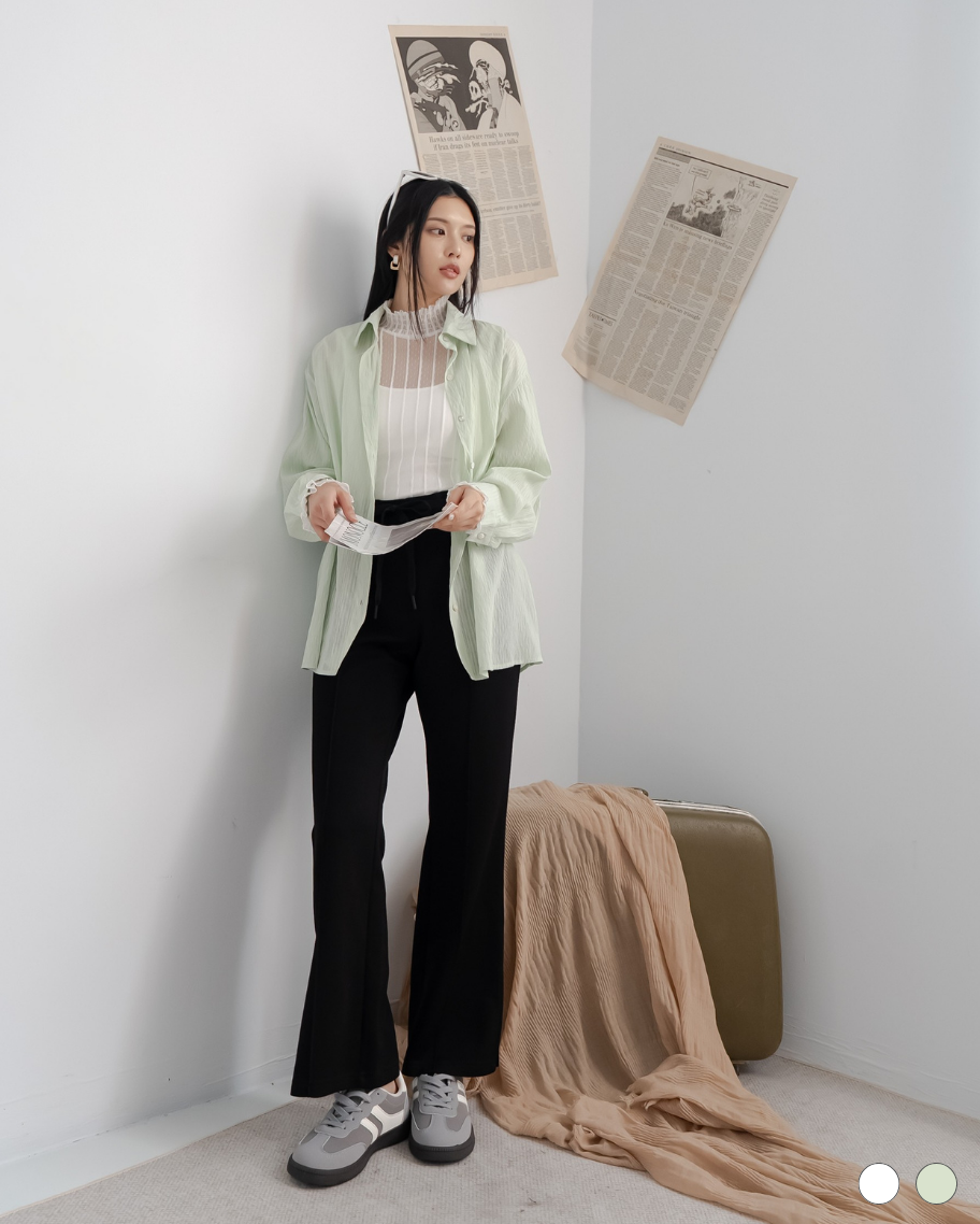 柔感後開衩條紋綁帶襯衫