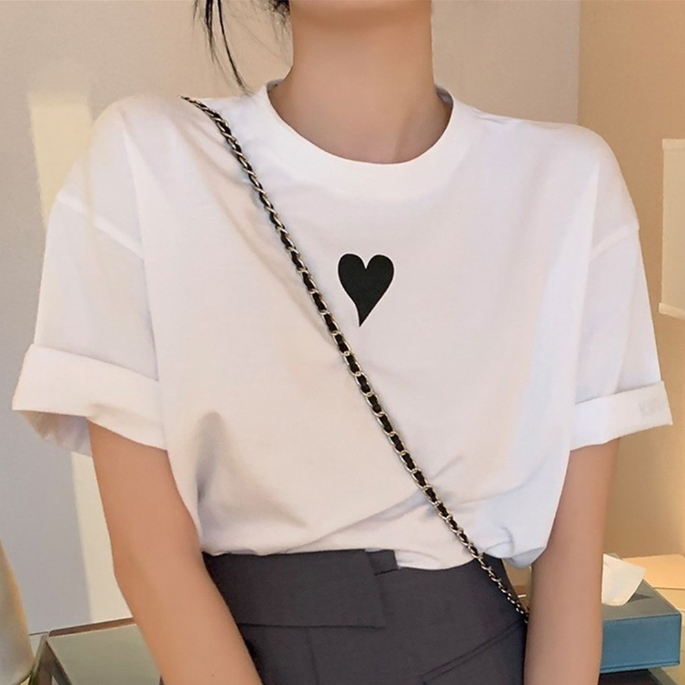 短袖 上衣 印花上衣 小熊 兔子 英文字母 T恤女 正肩 女生短袖 百搭 220克棉T恤 純棉 寬鬆 圓領 衣服 004