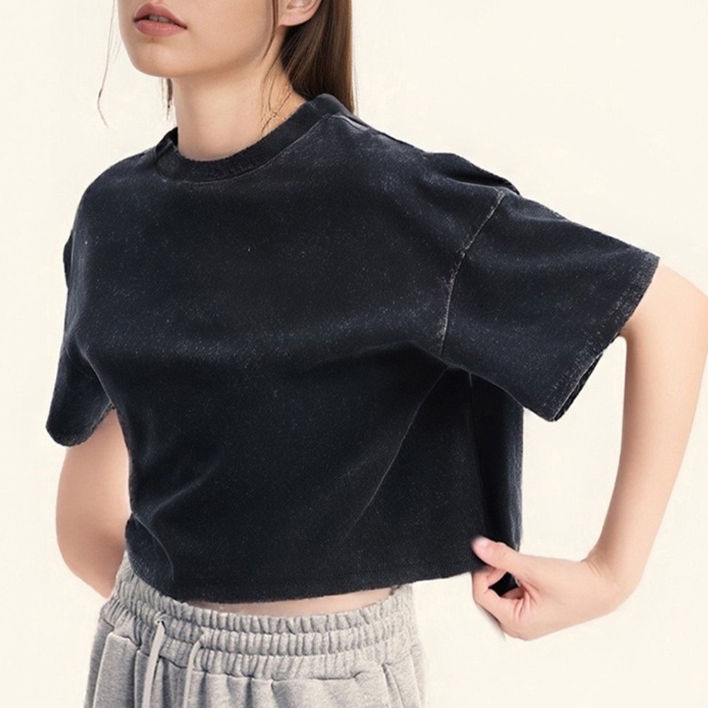 純棉上衣 辣妹上衣 刷舊 短版 露臍上衣 寬鬆上衣 圓領短袖 上衣 女生衣服 短版上衣 短袖 厚磅 百搭 親膚 003