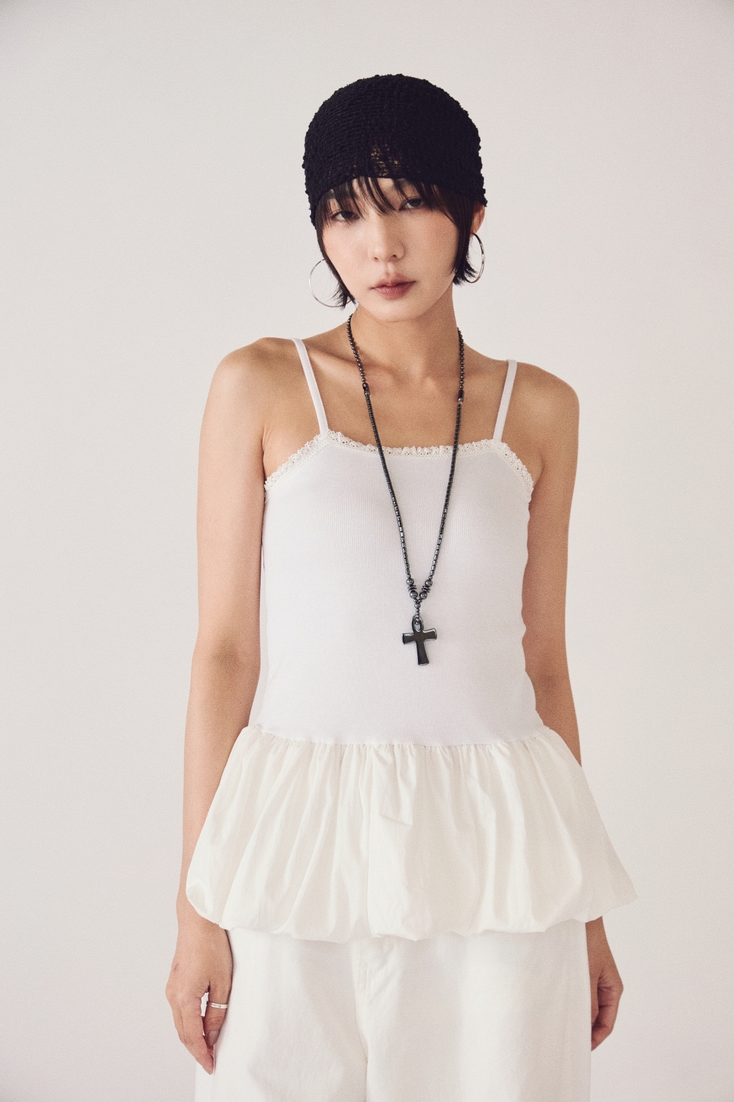 拼接花苞吊帶背心-白