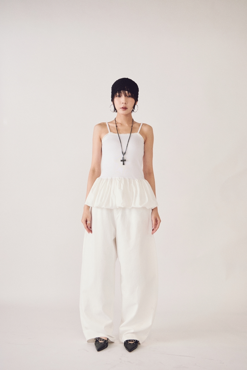 拼接花苞吊帶背心-白