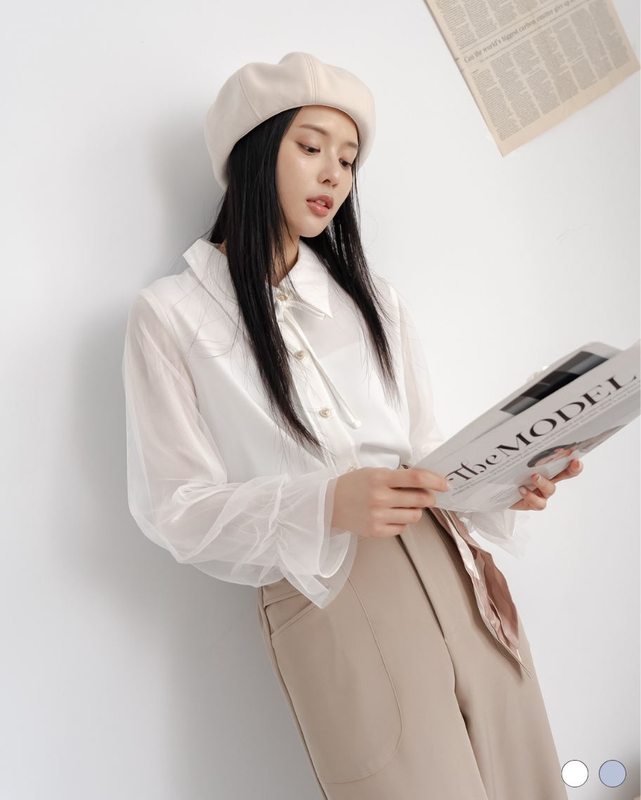 浪漫雙層細閃紗袖襯衫