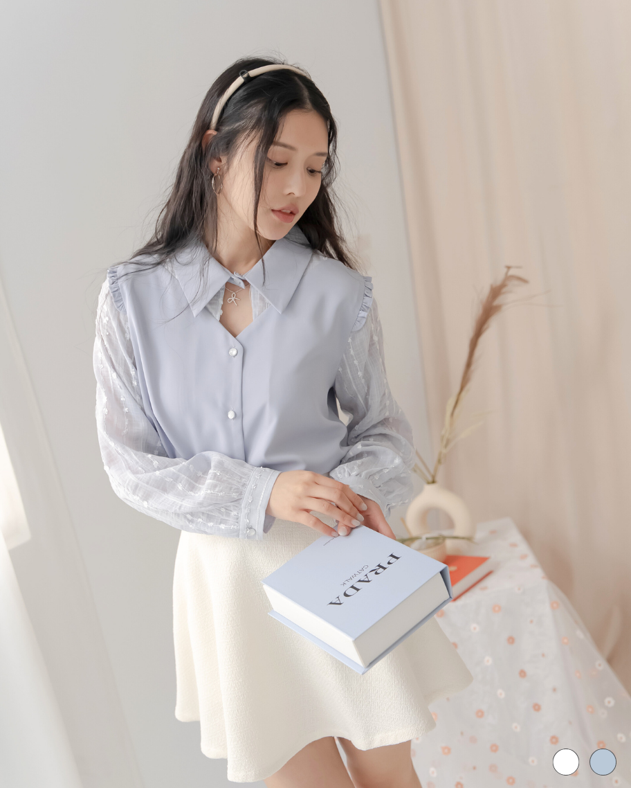 氣質拼接紗袖鏤空感上衣