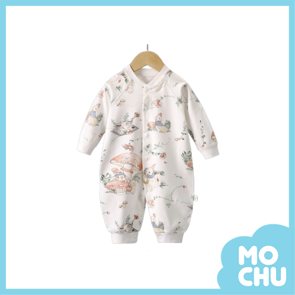 兔子蘑菇前開長袖連身衣