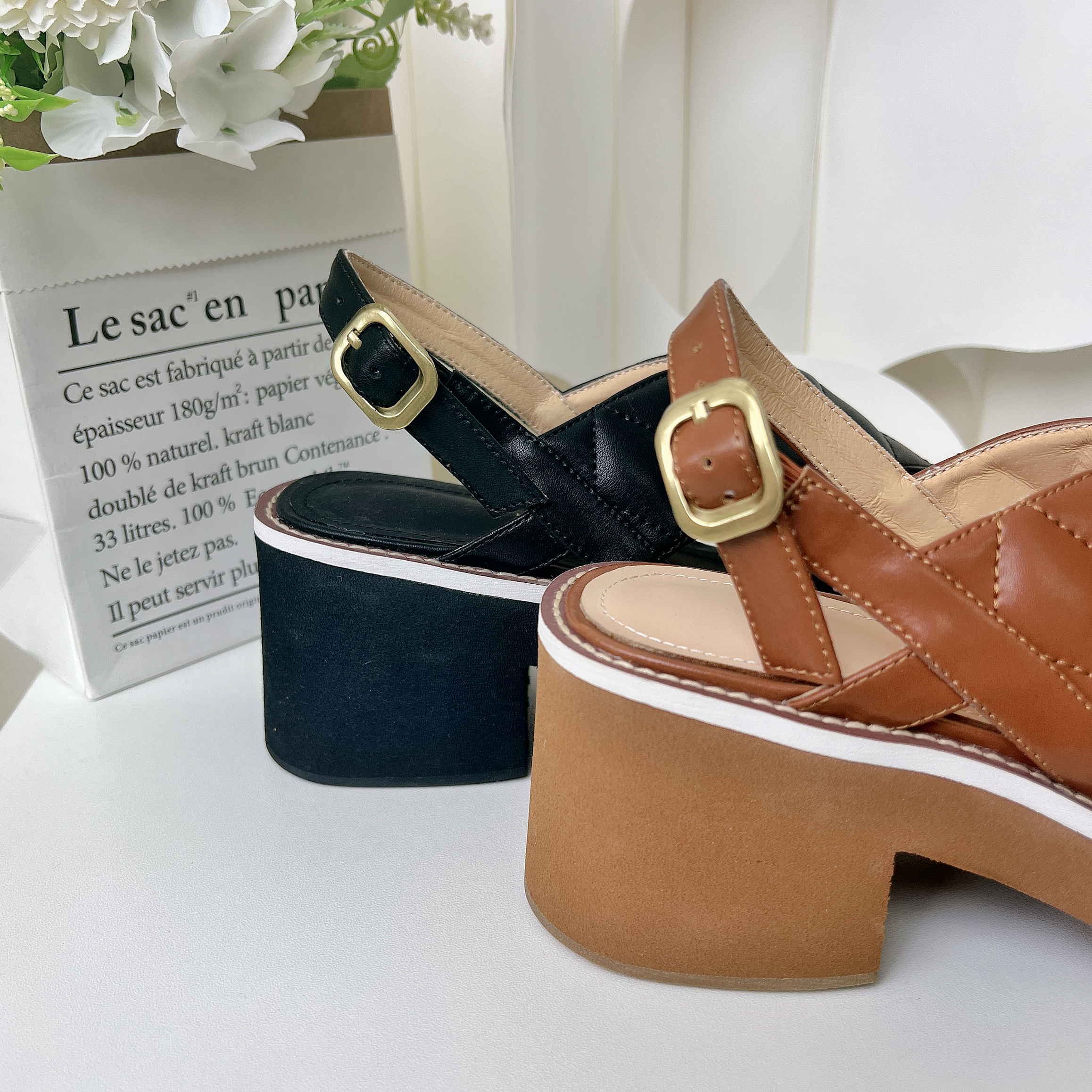 牛皮格紋交叉帶高踭涼鞋(正常碼 37碼)(前踭1吋/後踭2.5吋)1002 #2701