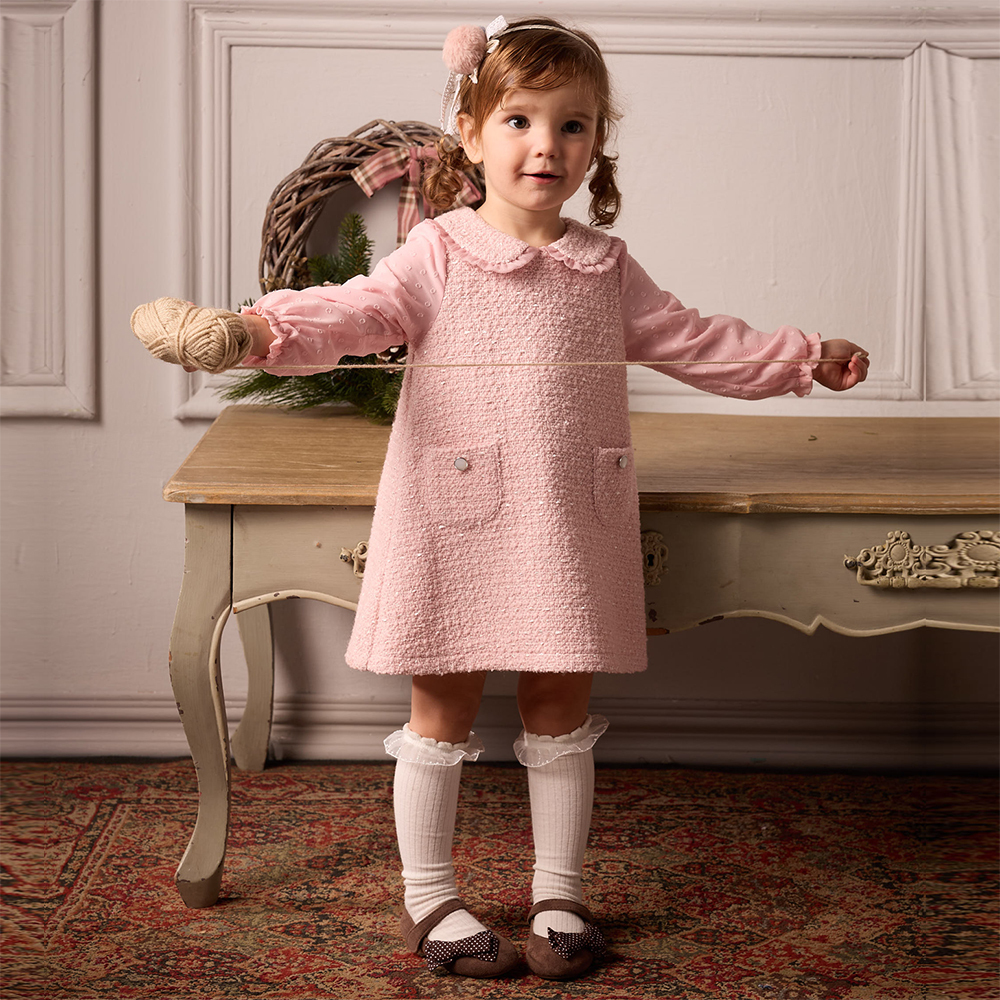 PIPPY 典雅蕾絲邊大翻領假兩件連身裙洋裝 粉