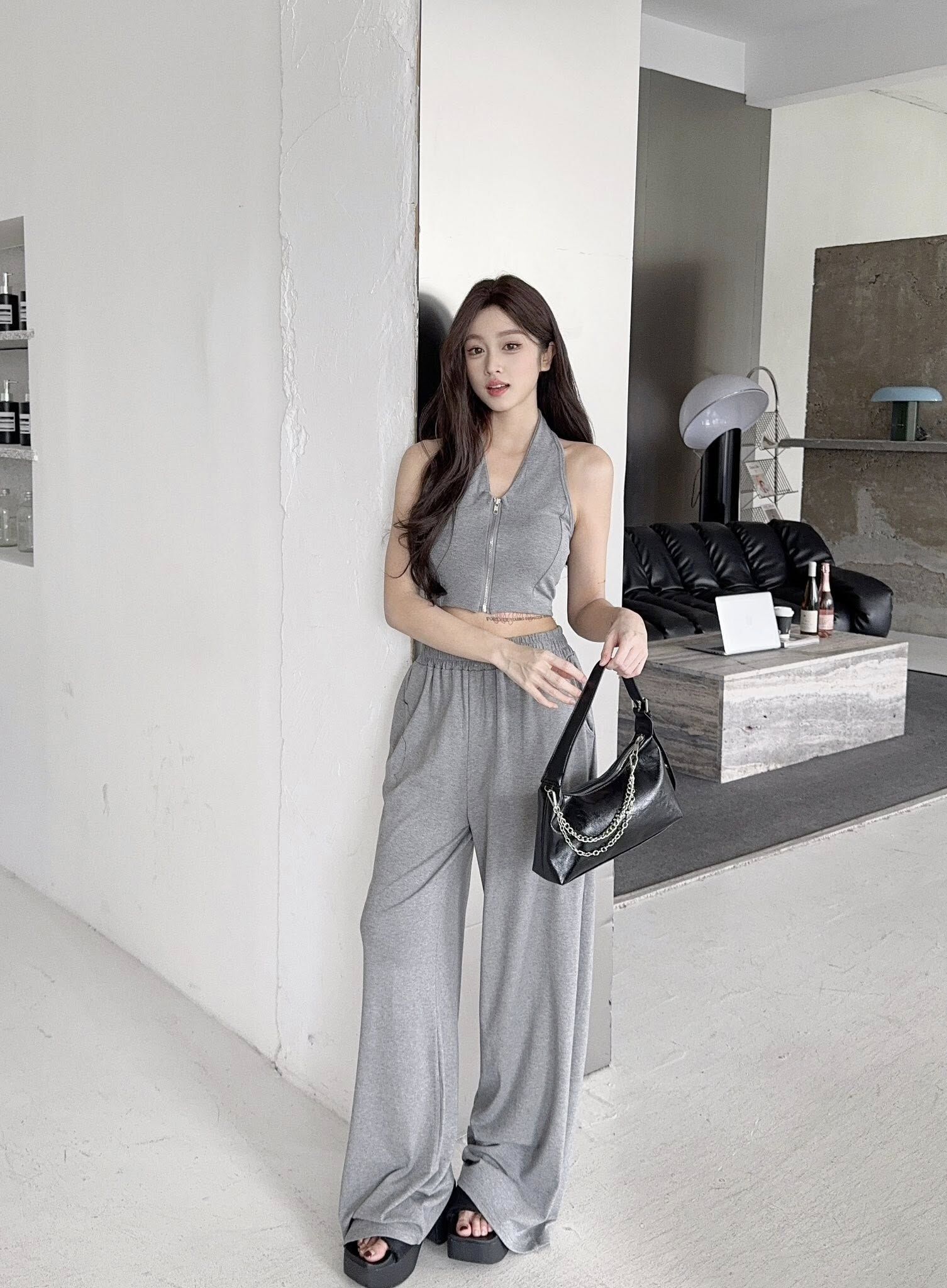 美式辣妹掛脖拉鍊背心寬褲套裝✨