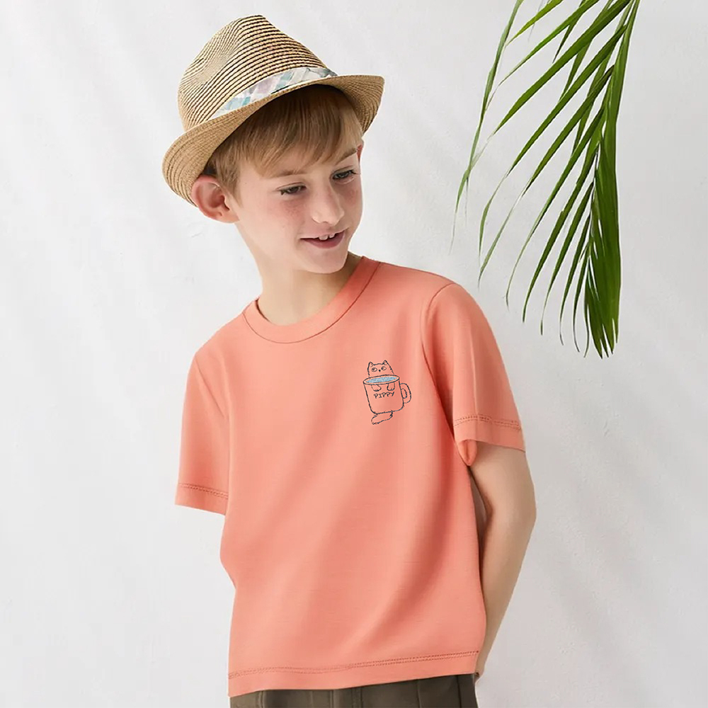 PIPPY簡約舒適小呆貓抱杯圓領上衣 橘紅