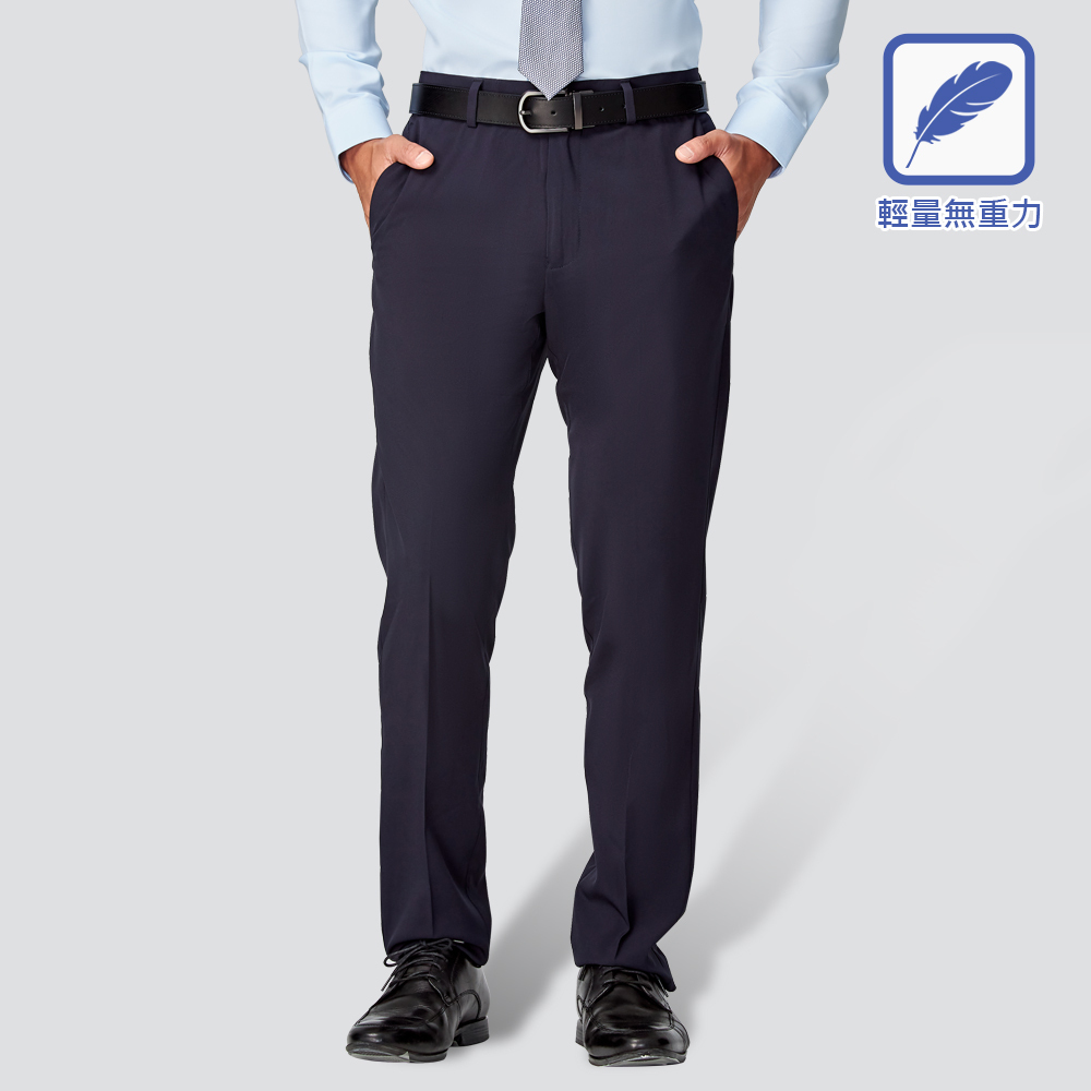 輕量彈性修身平面西裝褲-深藍