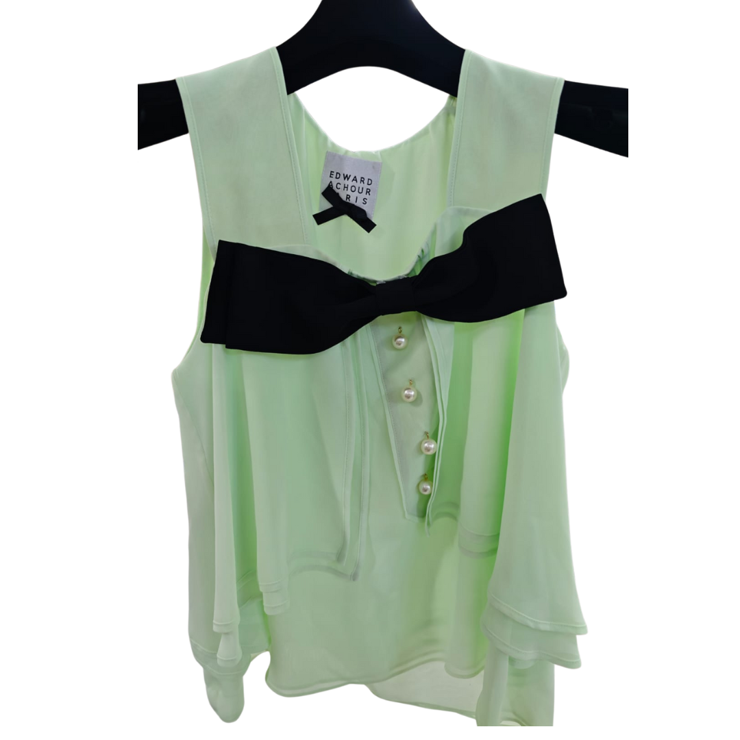 1EA0726-070 EDWARD ACHOUR Contrasted Trimed Layer Sleeveless Weavy Top With Contrast Bow Collar And Pearls Buttons Green #080713/840/06 (C-EU-E)