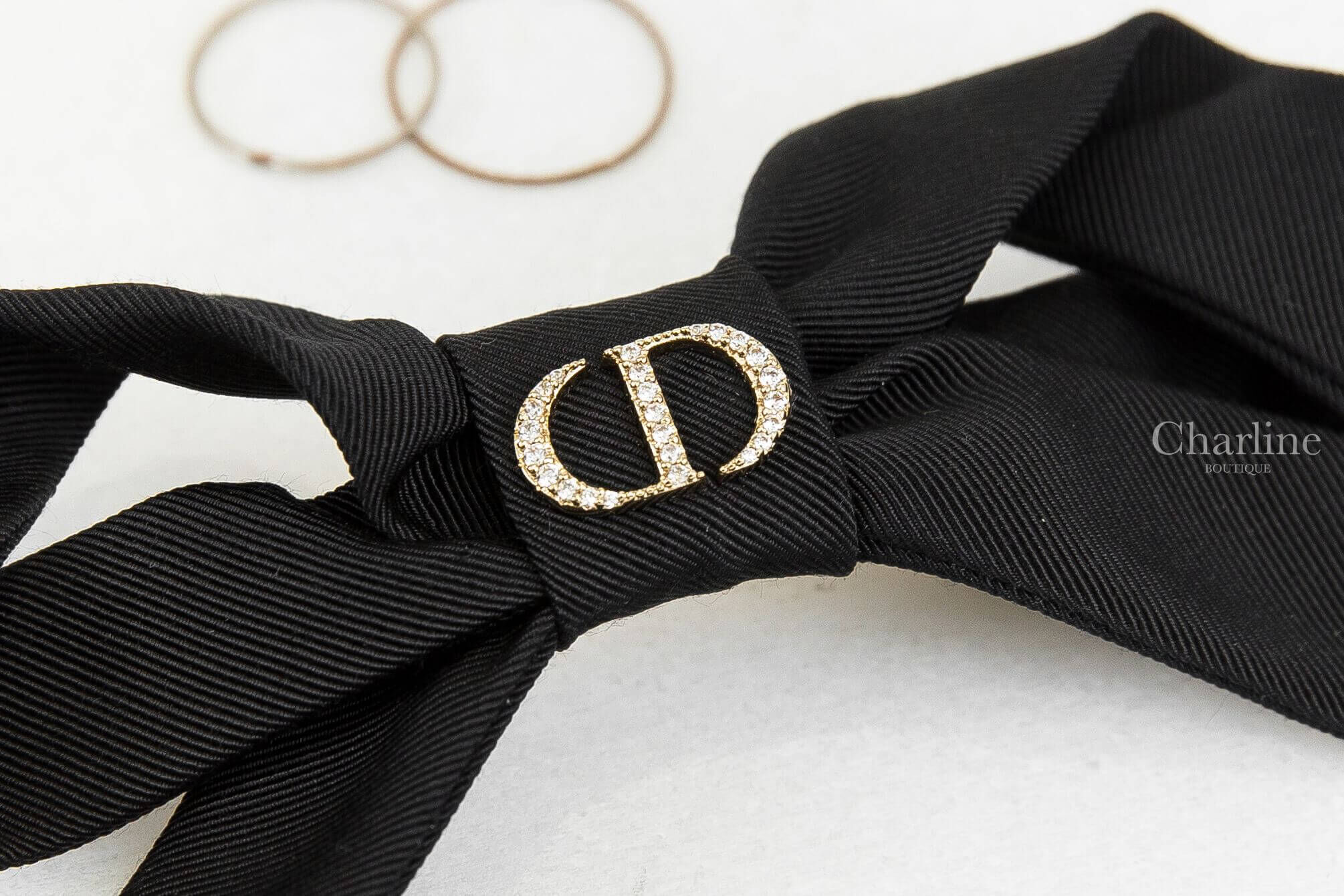Dior Diorissimo Barrette 黑色羅緞蝴蝶結金色水鑽CD髮夾