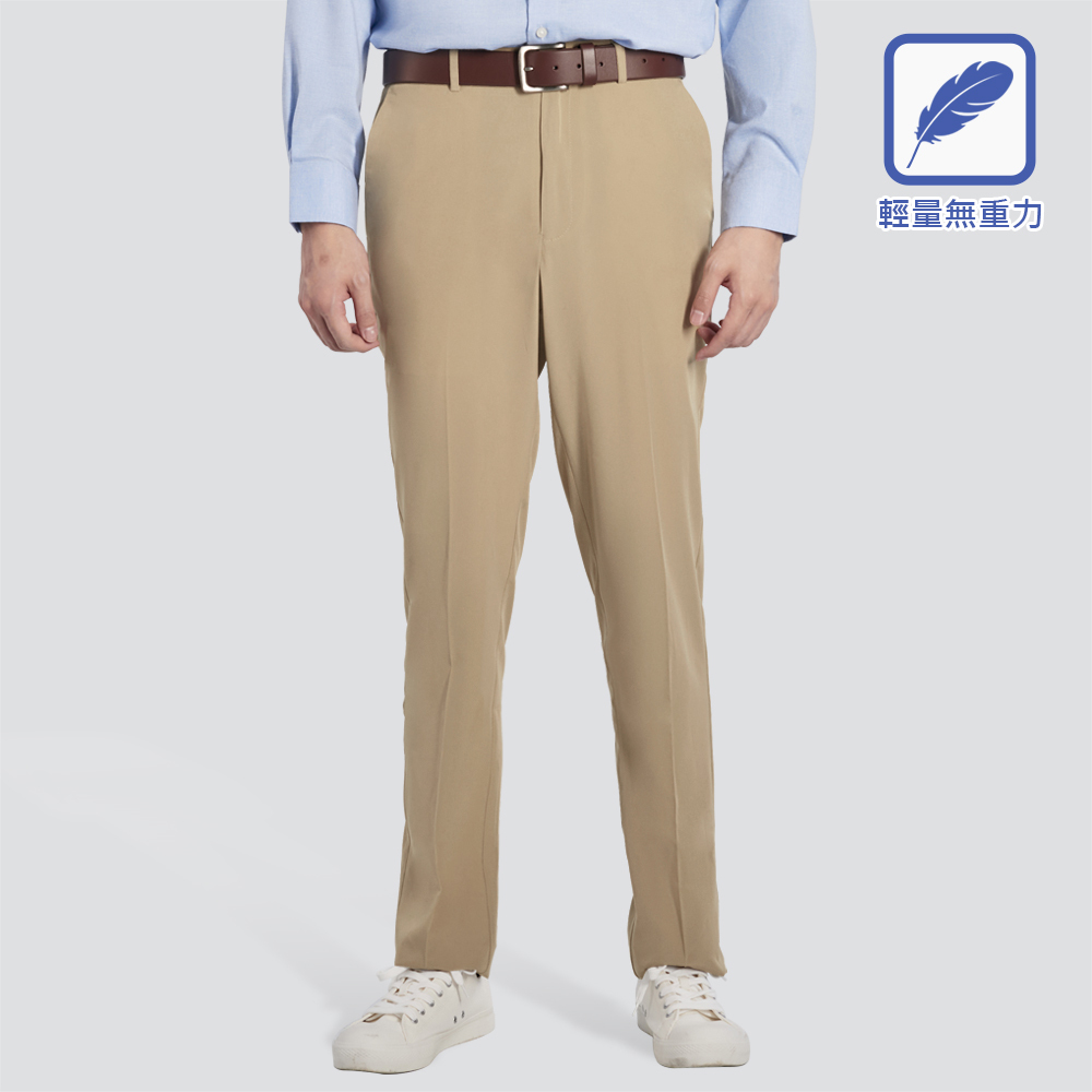 輕量彈性修身平面西裝褲-卡其