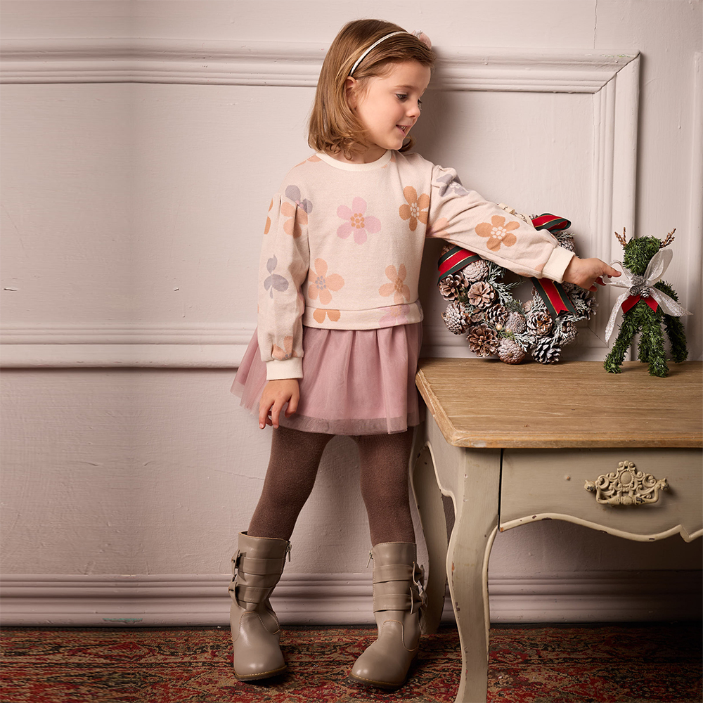 PIPPY 可愛朵朵小花假兩件連身裙洋裝 粉