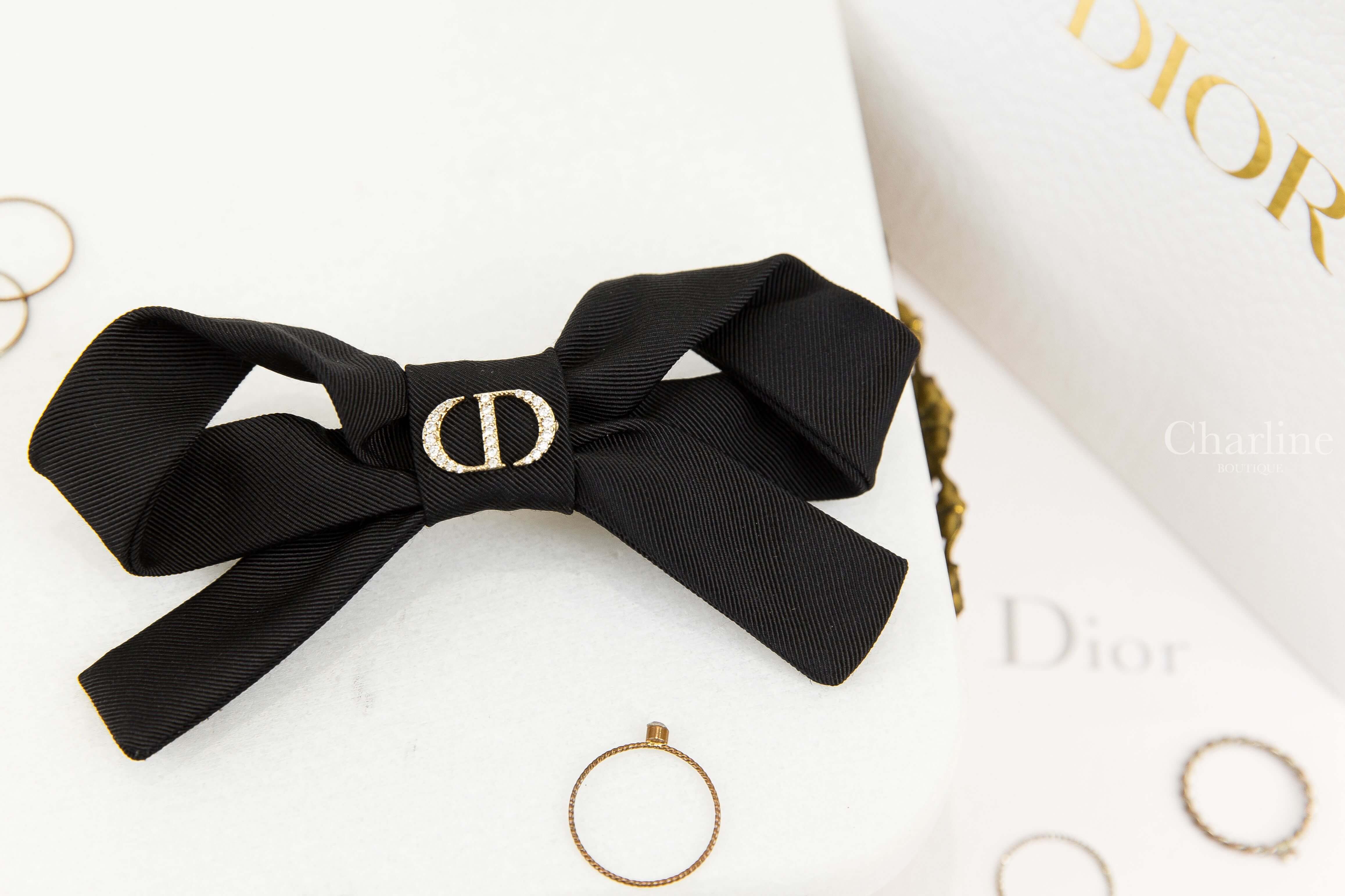 Dior Diorissimo Barrette 黑色羅緞蝴蝶結金色水鑽CD髮夾