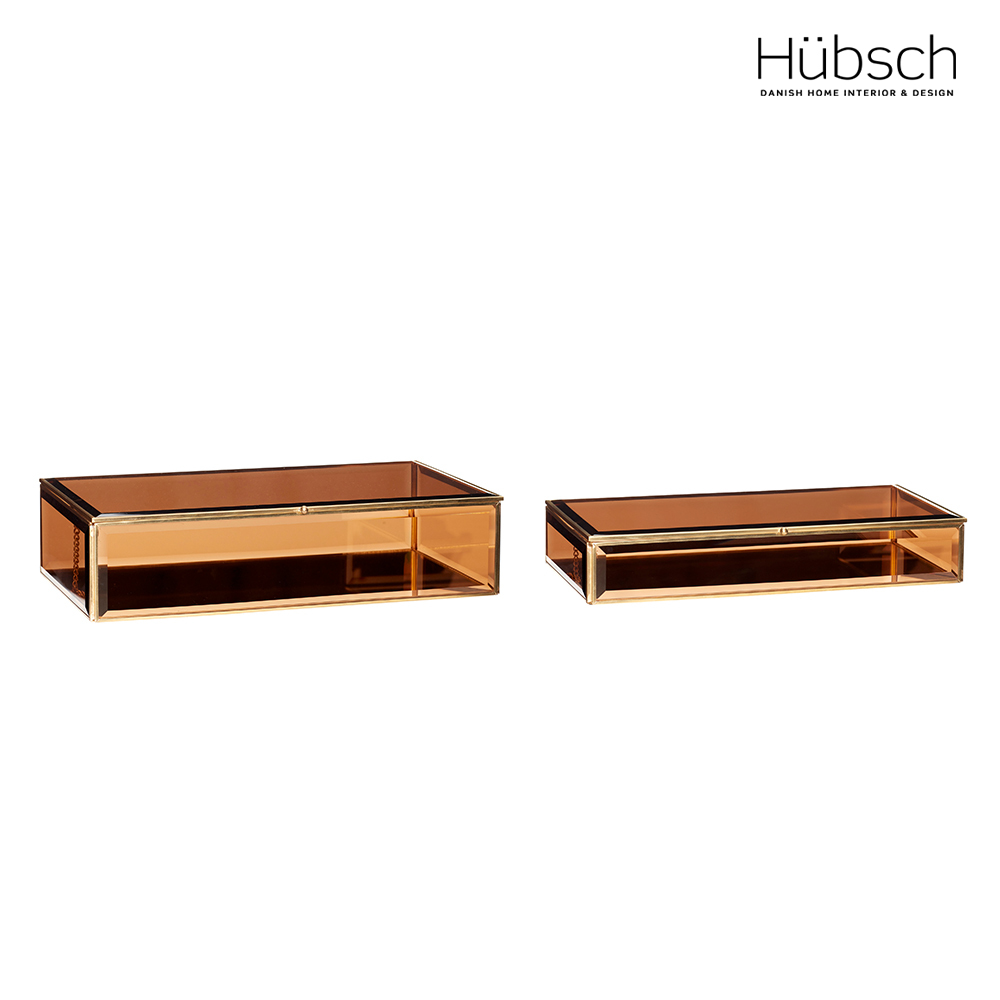 Hübsch-棕色水晶玻璃置物盒(扁長型)-2件組