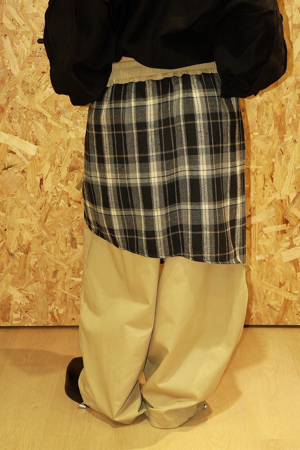 鬆緊 尼龍 拼接格紋 尼龍 #休閒褲