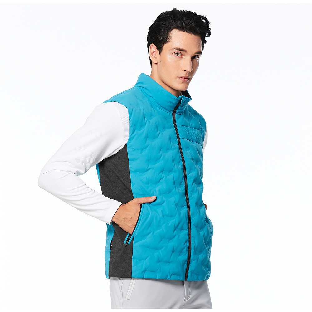 【Lynx Golf】男款保暖防風防潑水羽絨壓紋剪裁配布設計立體印LOGO造型拉鍊口袋無袖背心