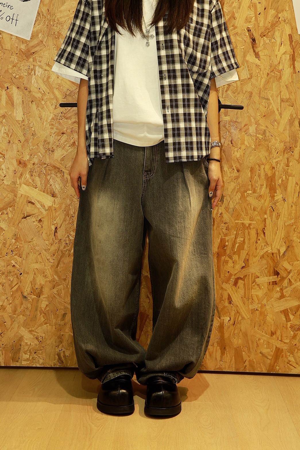 黃線 刷白 下摺痕 #牛仔褲