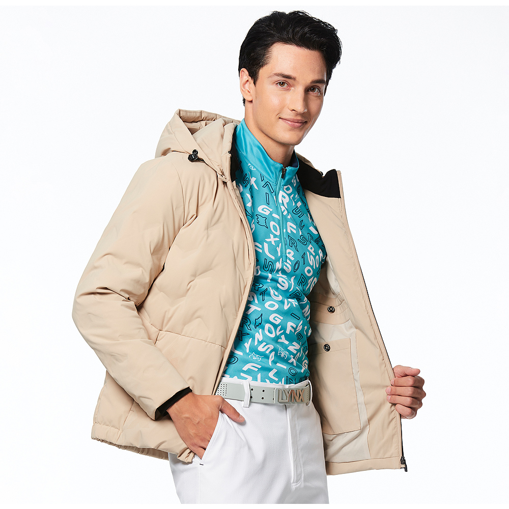 【Lynx Golf】男款保暖防風羽絨壓紋剪裁配布設計後背3M反光印花拉鍊口袋長袖可拆式連帽外套