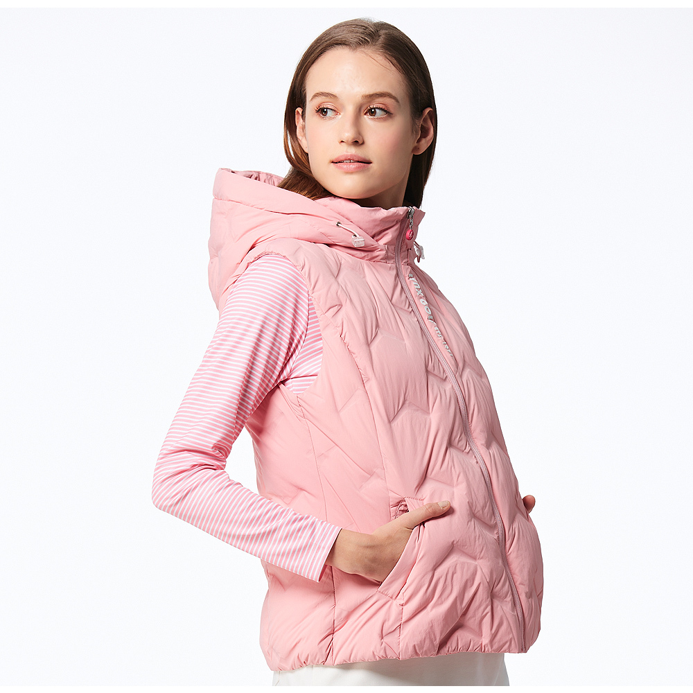 【Lynx Golf】女款保暖舒適羽絨壓紋設計立體矽膠造型拉鍊口袋可拆式連帽無袖背心