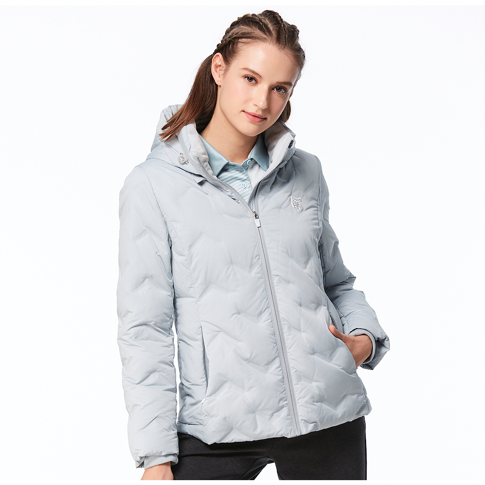 【Lynx Golf】女款保暖舒適羽絨壓紋設計後腰矽膠標造型隱形拉鍊口袋長袖可拆式連帽外套