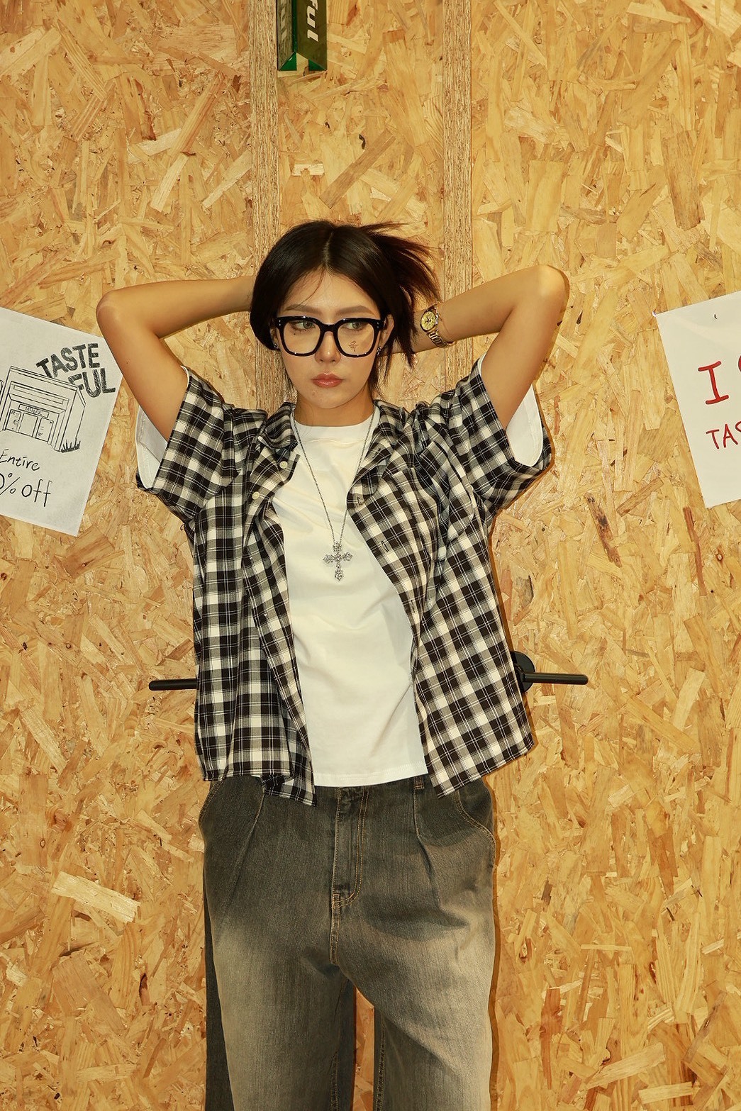 格子 短版 單口袋 翻領 短袖 #襯衫