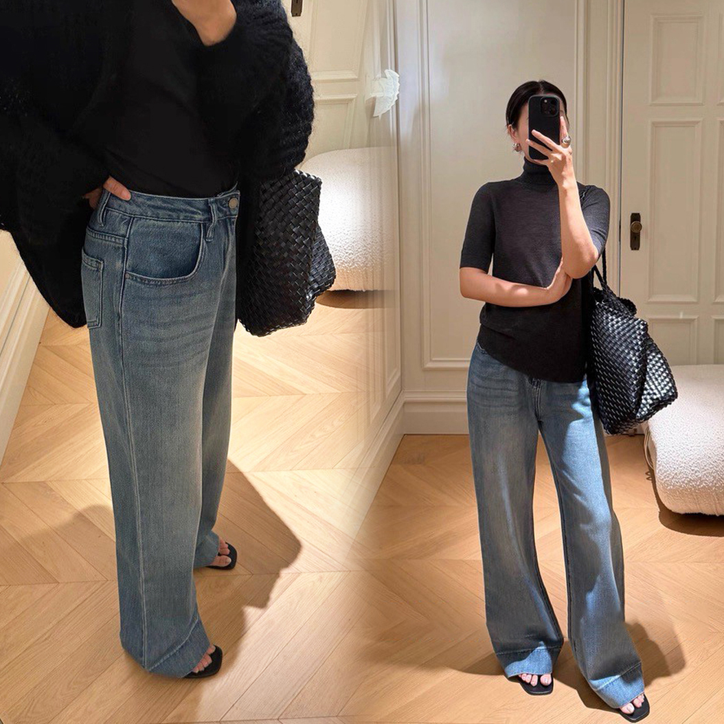 歐美褲管壓摺造型落地直筒牛仔褲-S-L / 2色 (Elegant & Love)