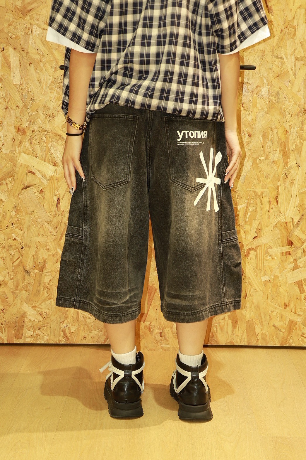 後英文 太陽 水洗刷色 短褲 #七分褲