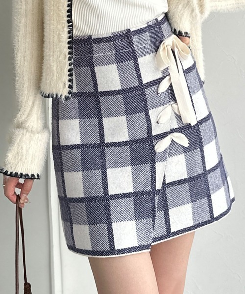 日本🇯🇵連線 mily bilet 復古情調! 緞帶格紋針織短裙 緞帶 綁帶 蝴蝶結 短裙 迷你裙 2色(任買兩件711免運)/預購