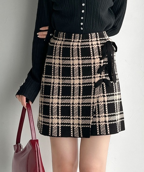 日本🇯🇵連線 mily bilet 復古情調! 緞帶格紋針織短裙 緞帶 綁帶 蝴蝶結 短裙 迷你裙 2色(任買兩件711免運)/預購