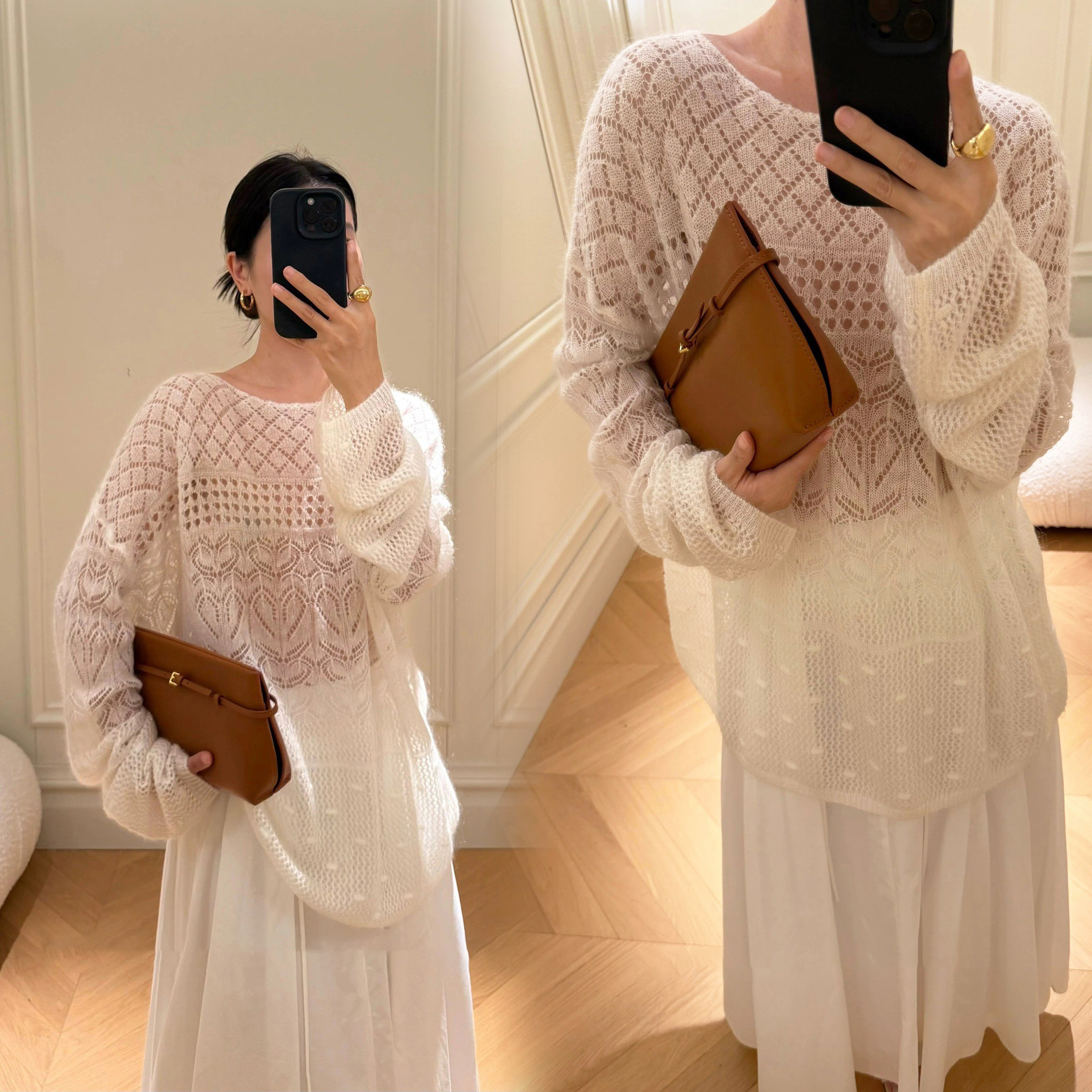 雲朵白波西米亞鏤空針織毛海感上衣-F (Elegant & Love)