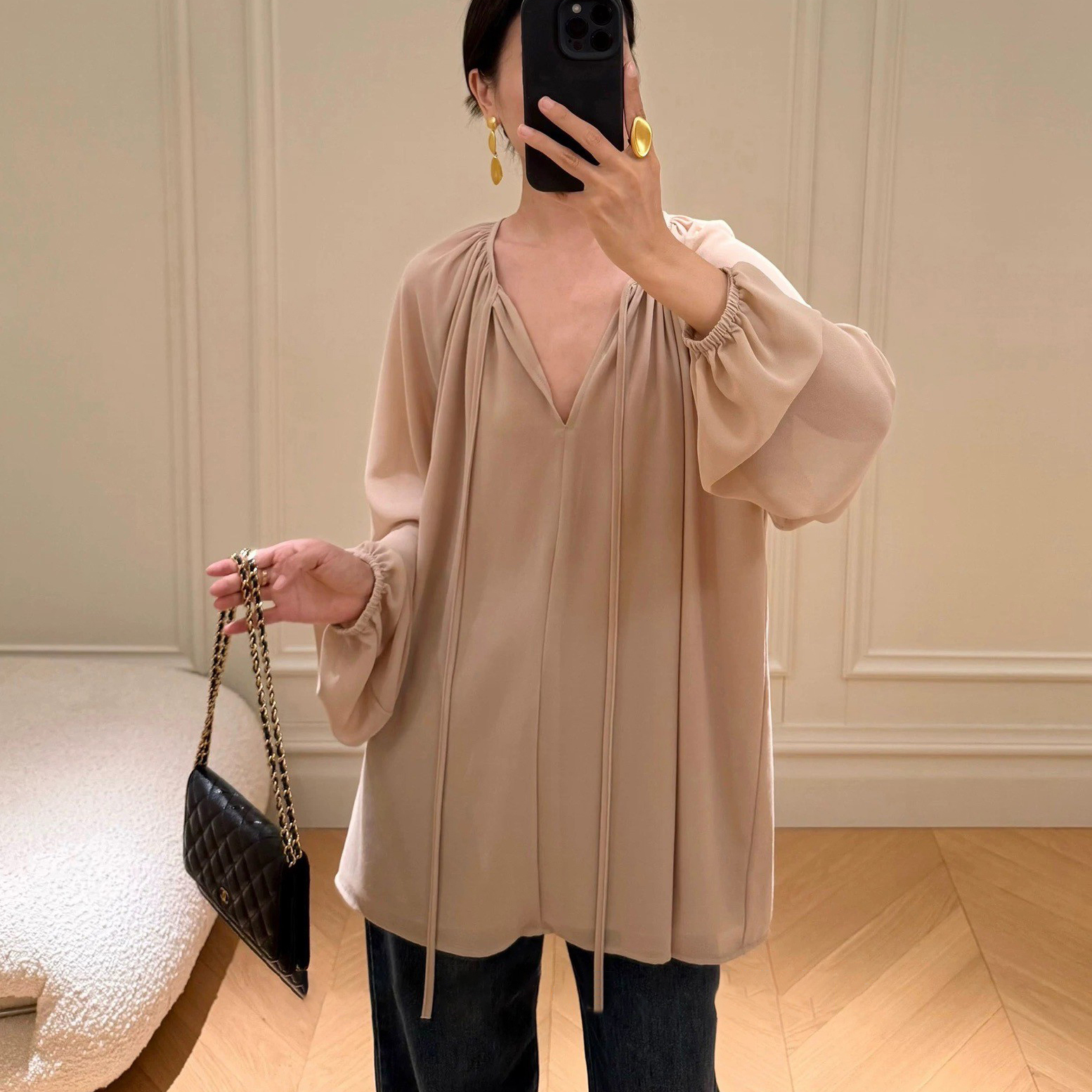 溫柔感雙織帶造型V領傘擺上衣-F / 3色 (Elegant & Love)