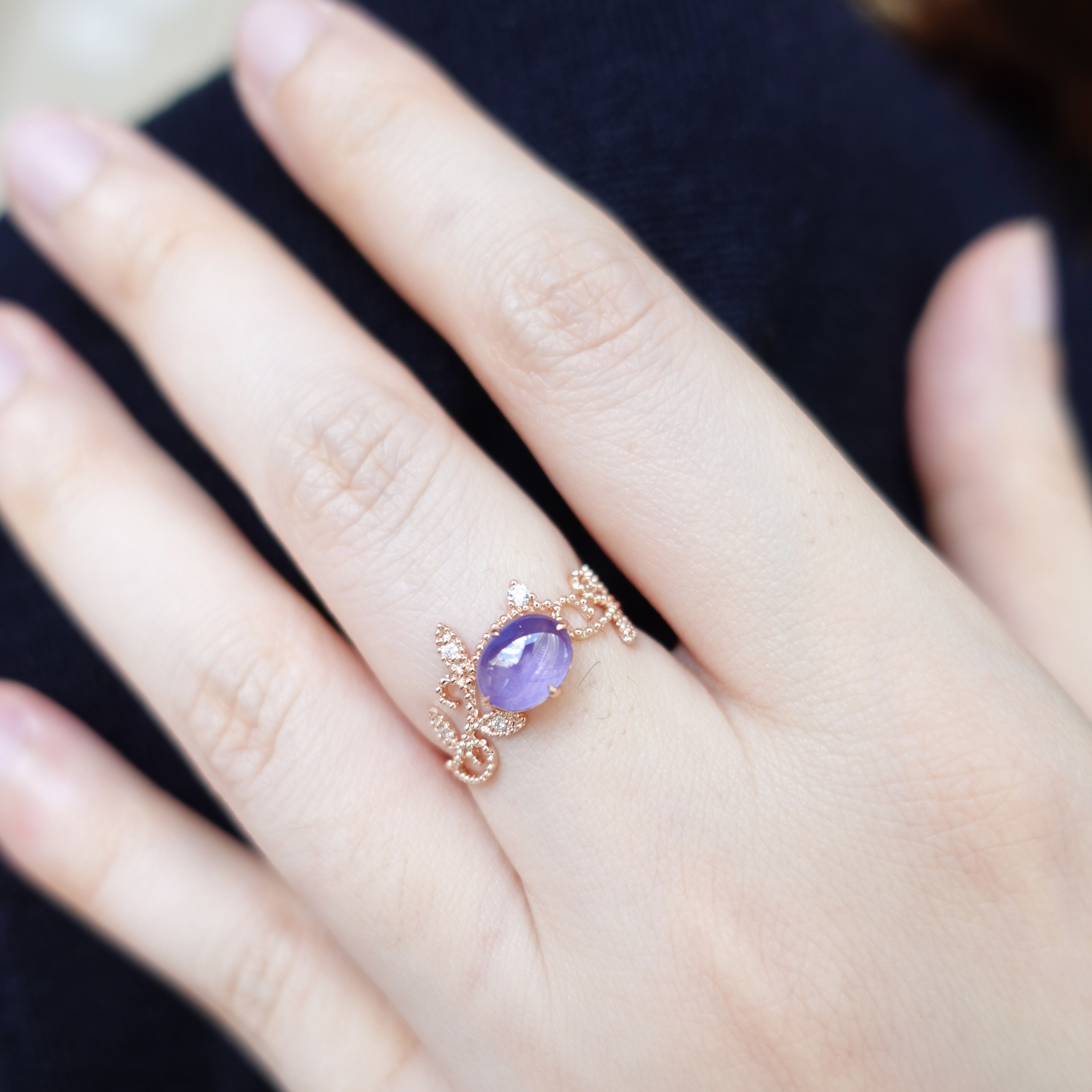 18K玫瑰金稀有紫色星光藍寶石鑽石戒指