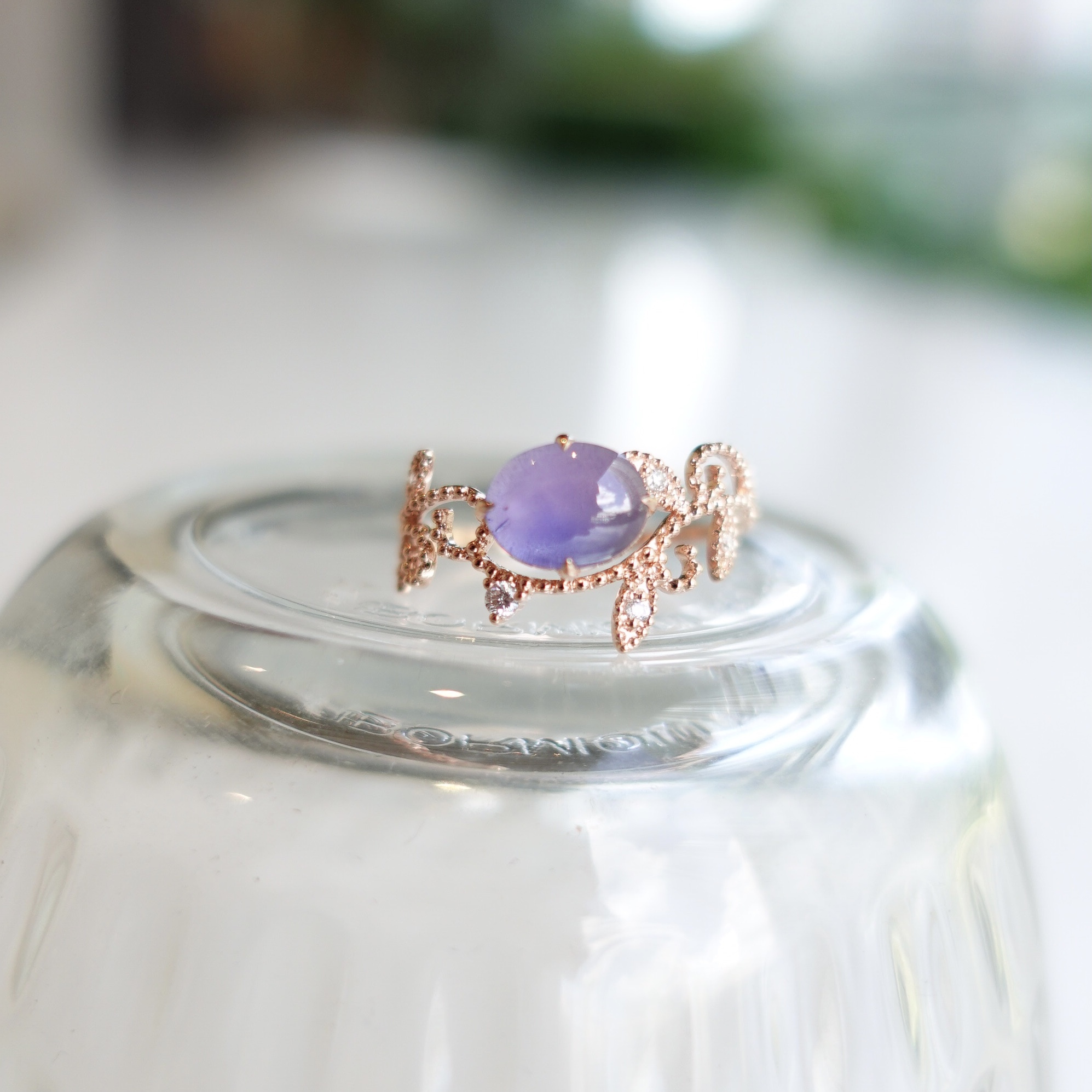 18K玫瑰金稀有紫色星光藍寶石鑽石戒指