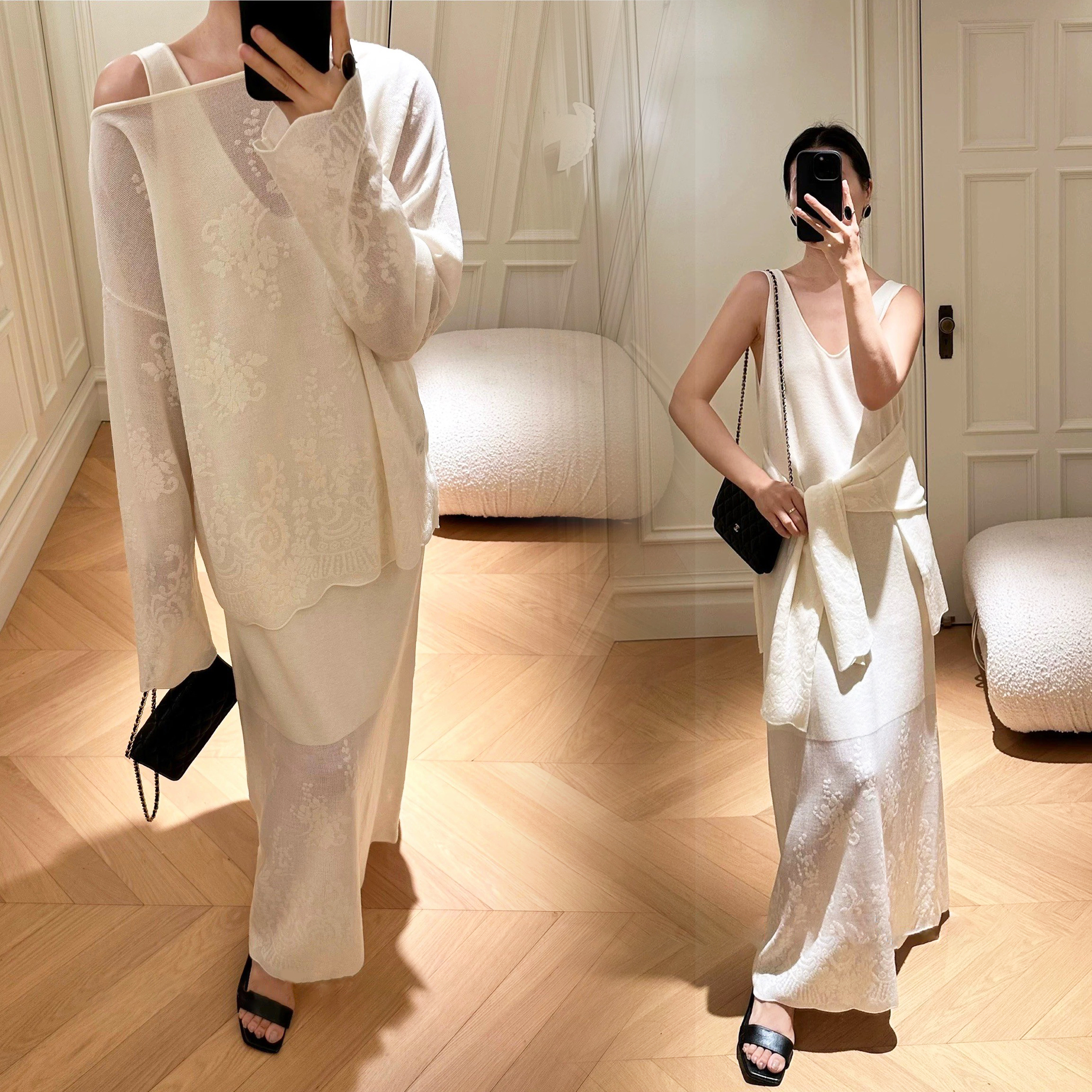 織紋感微透膚圓領上衣+背心裙長洋裝SET-F / 2色 (Elegant & Love)