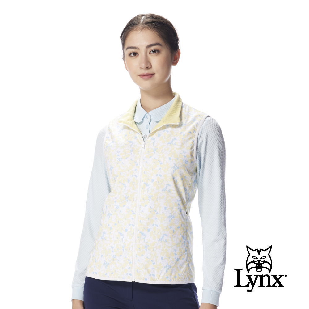 【Lynx Golf】女款立領雙面穿抗UV泡芙格針織滿版花紋印花設計背心