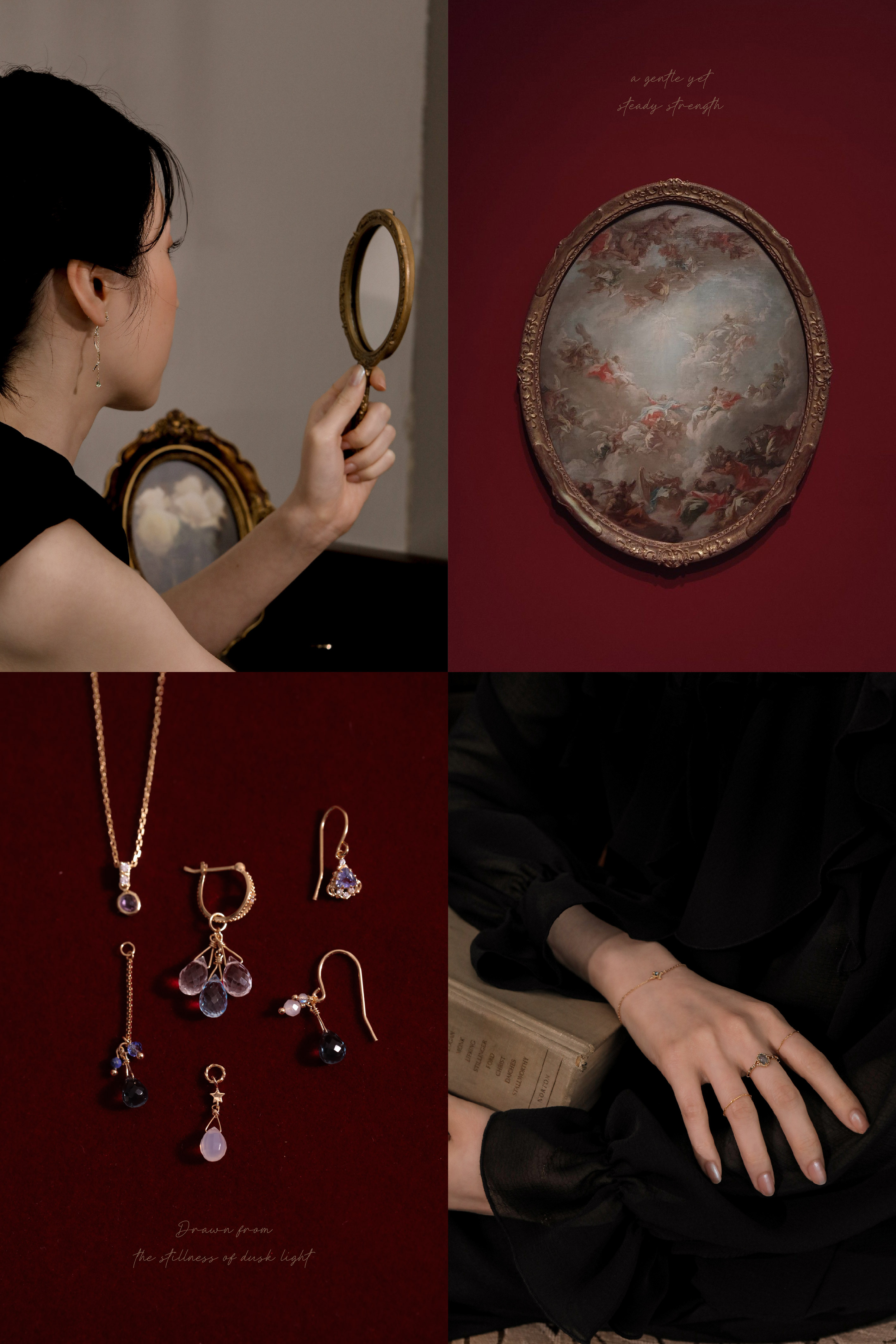 KAVA《Twilight Glow 暮光之境》系列形象圖,融合古典畫作、金色寶石飾品與深酒紅背景,展現如黃昏般沉靜內斂的氛圍,捕捉女性柔韌而穩定的內在力量。