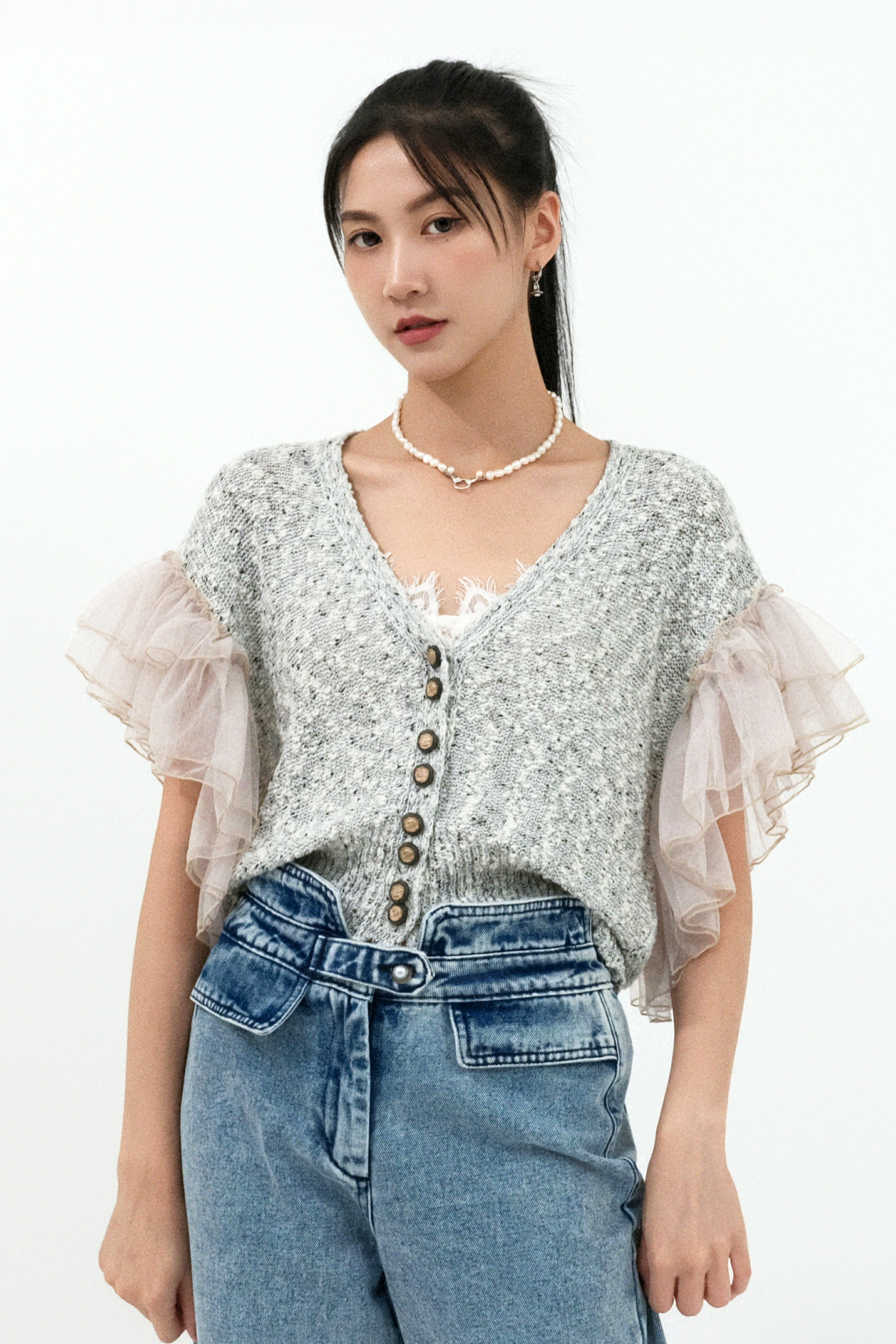 荷葉網紗袖針織外套（現貨款式）