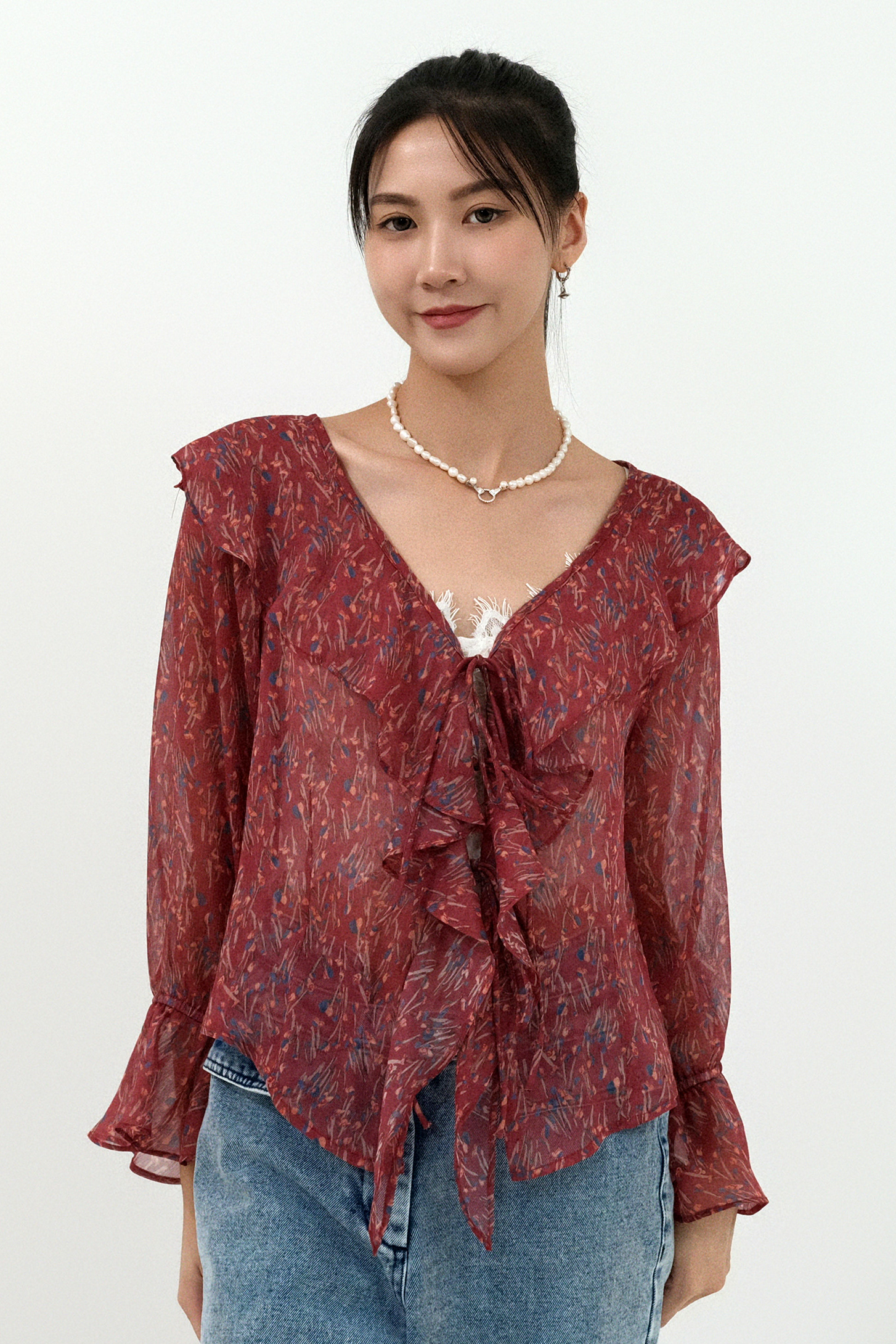 荷葉碎花雪紡開胸上衣 (現貨款式）